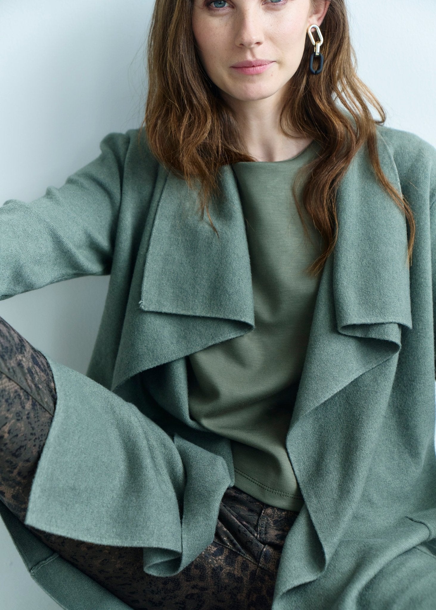 View our Jackie O 3/4 Length Knitted Viscose Coat in Khaki - by Tribute Store