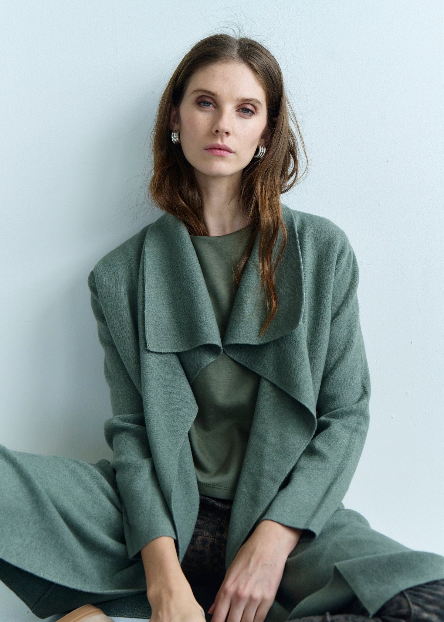 View our Jackie O 3/4 Length Knitted Viscose Coat in Khaki - by Tribute Store