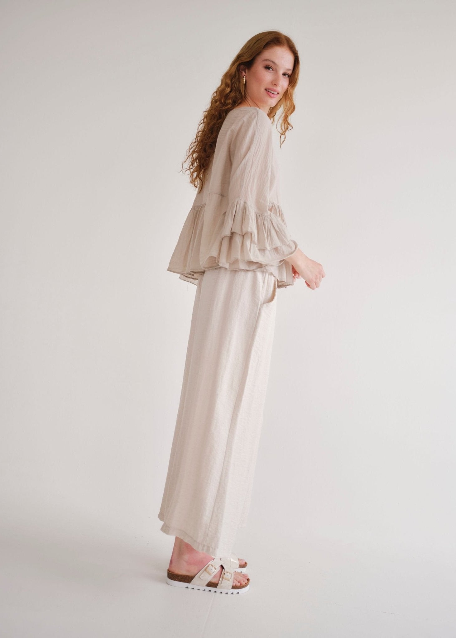 View our Japandi Italian Linen Blend Palazzo Pants In Ivory - by Tribute Store