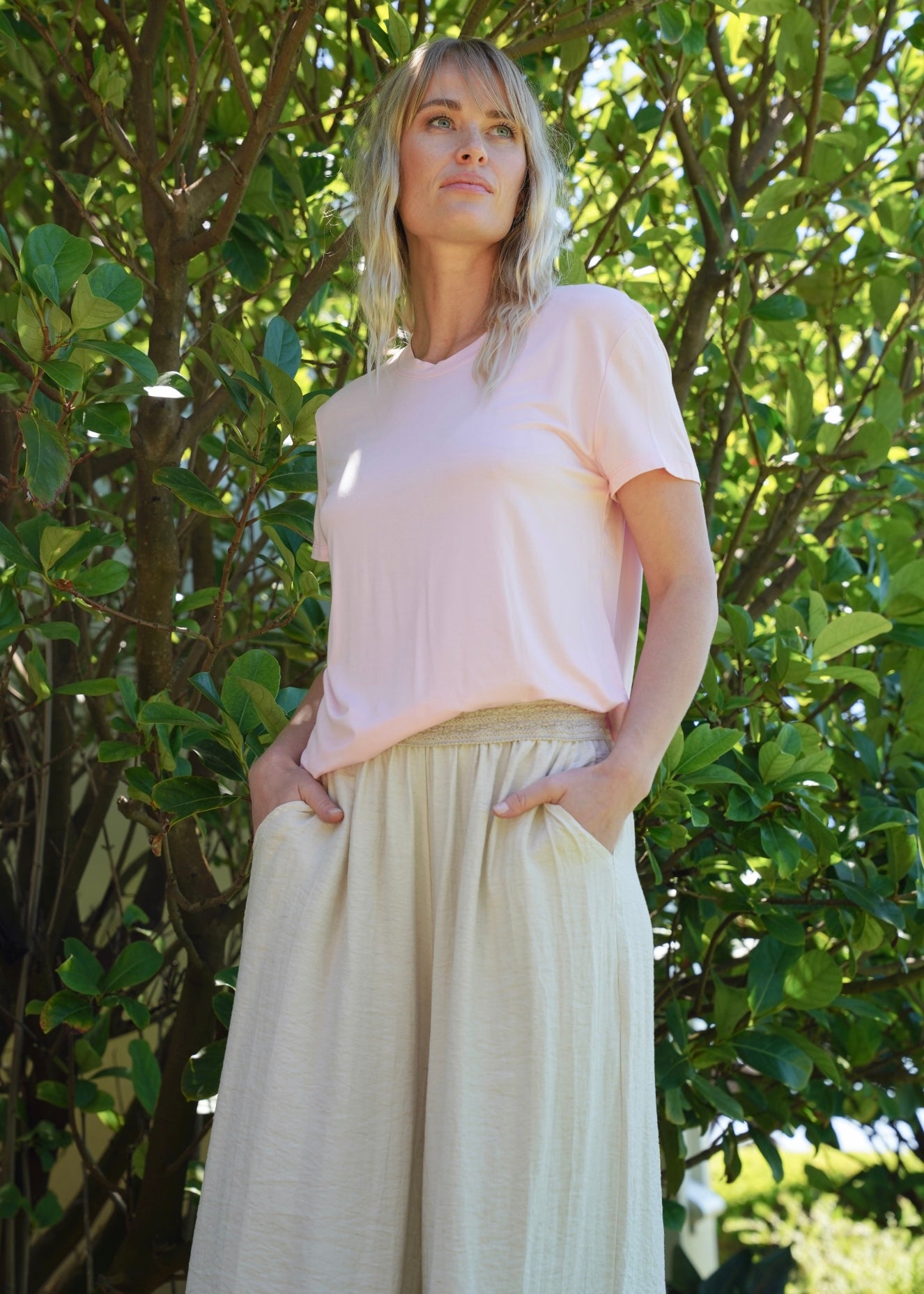 View our Japandi Italian Linen Blend Palazzo Pants In Ivory - by Tribute Store