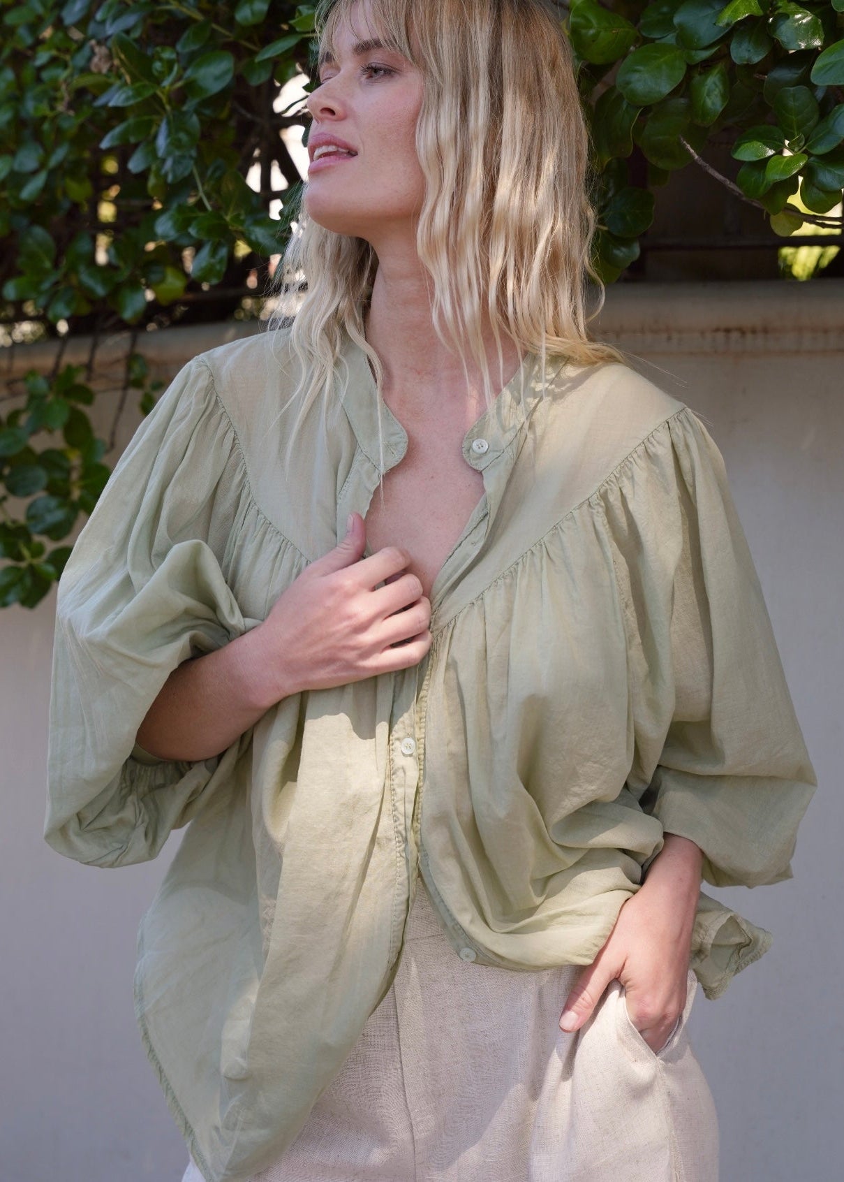 View our Joplin Italian Summer Cotton Boho Blouse In Light Khaki - by Tribute Store