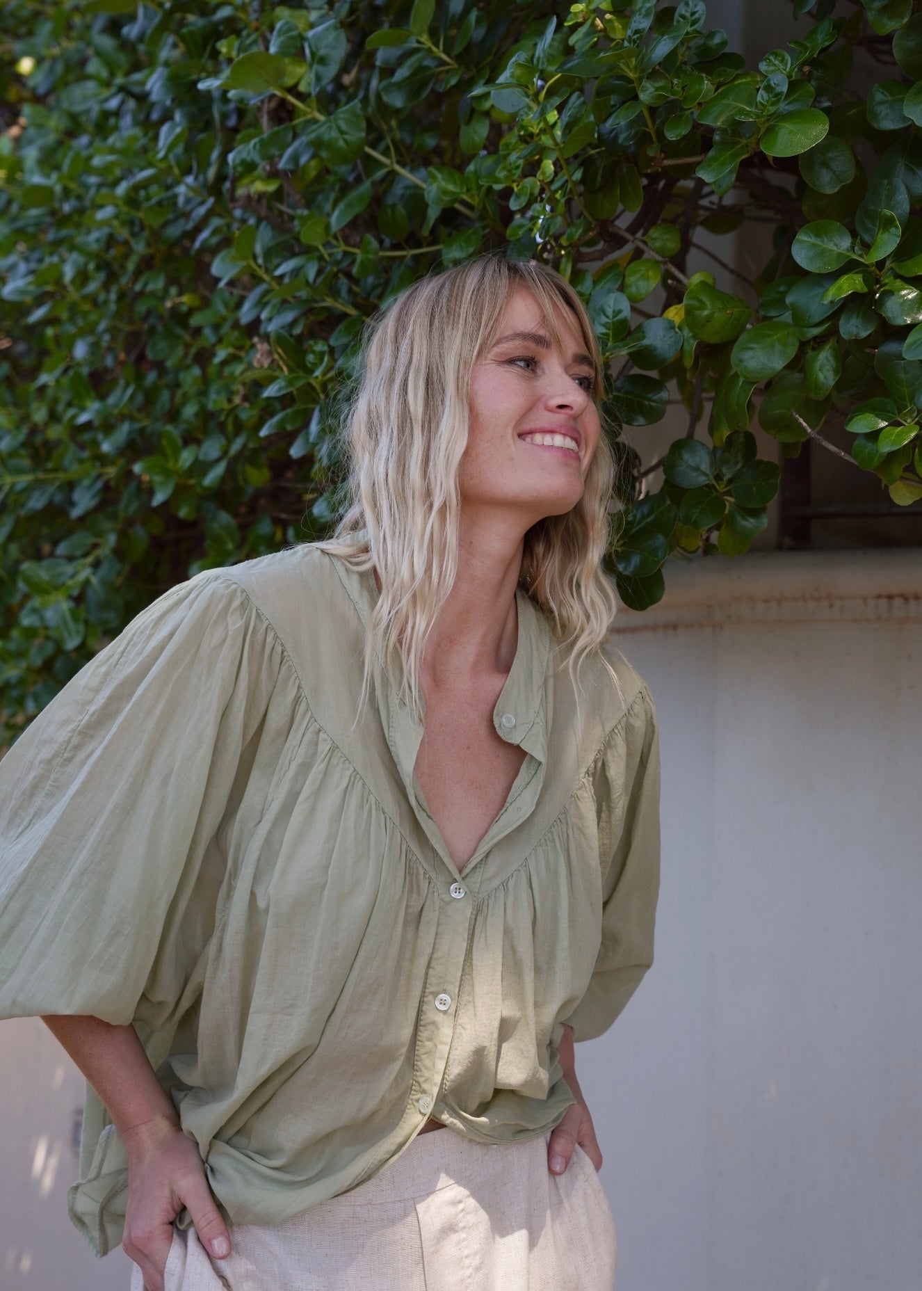 View our Joplin Italian Summer Cotton Boho Blouse In Light Khaki - by Tribute Store