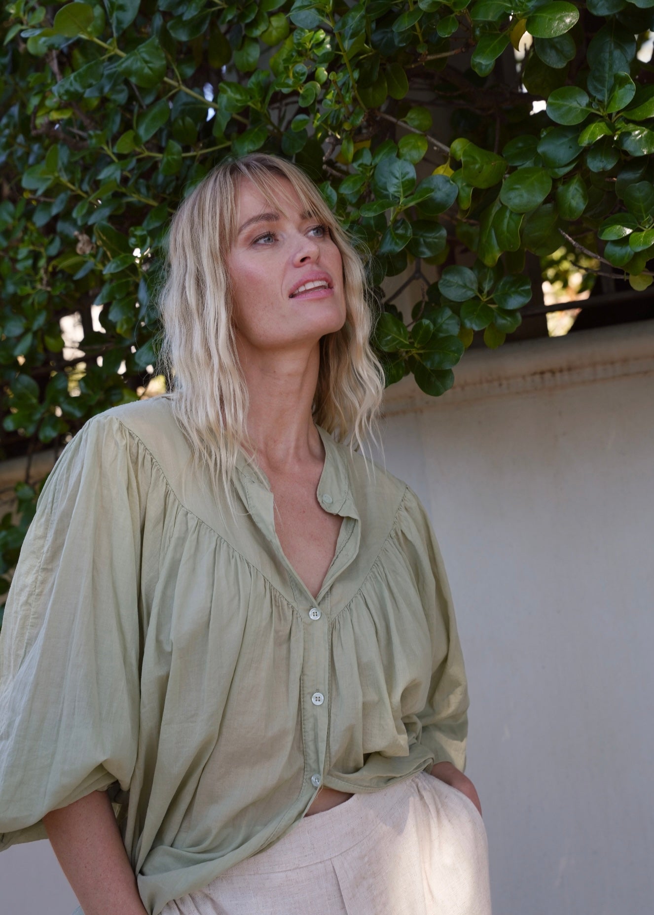 View our Joplin Italian Summer Cotton Boho Blouse In Light Khaki - by Tribute Store