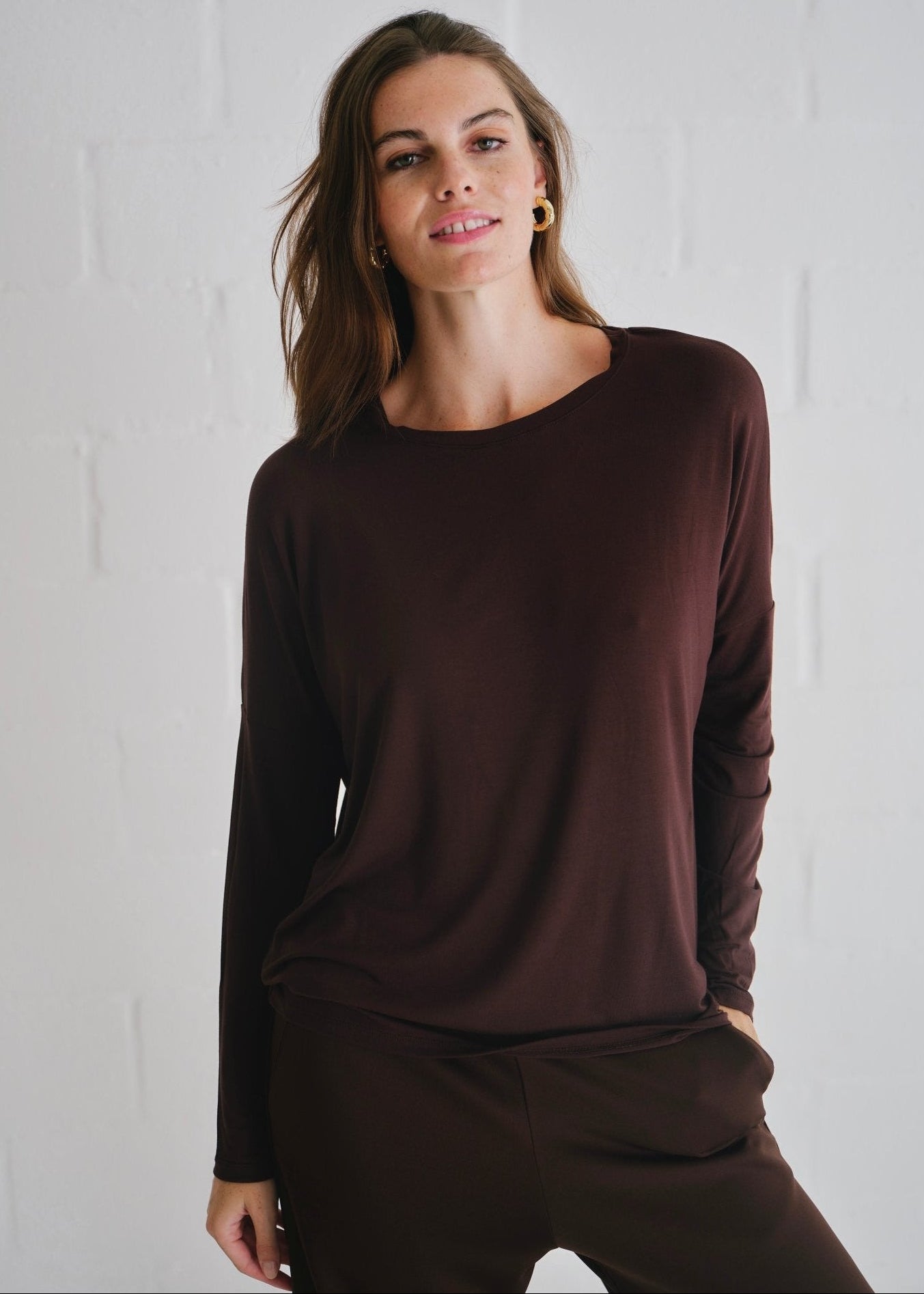 View our Kit Classic Long Line Tee With Back Seam In Chocolate - by Tribute Store