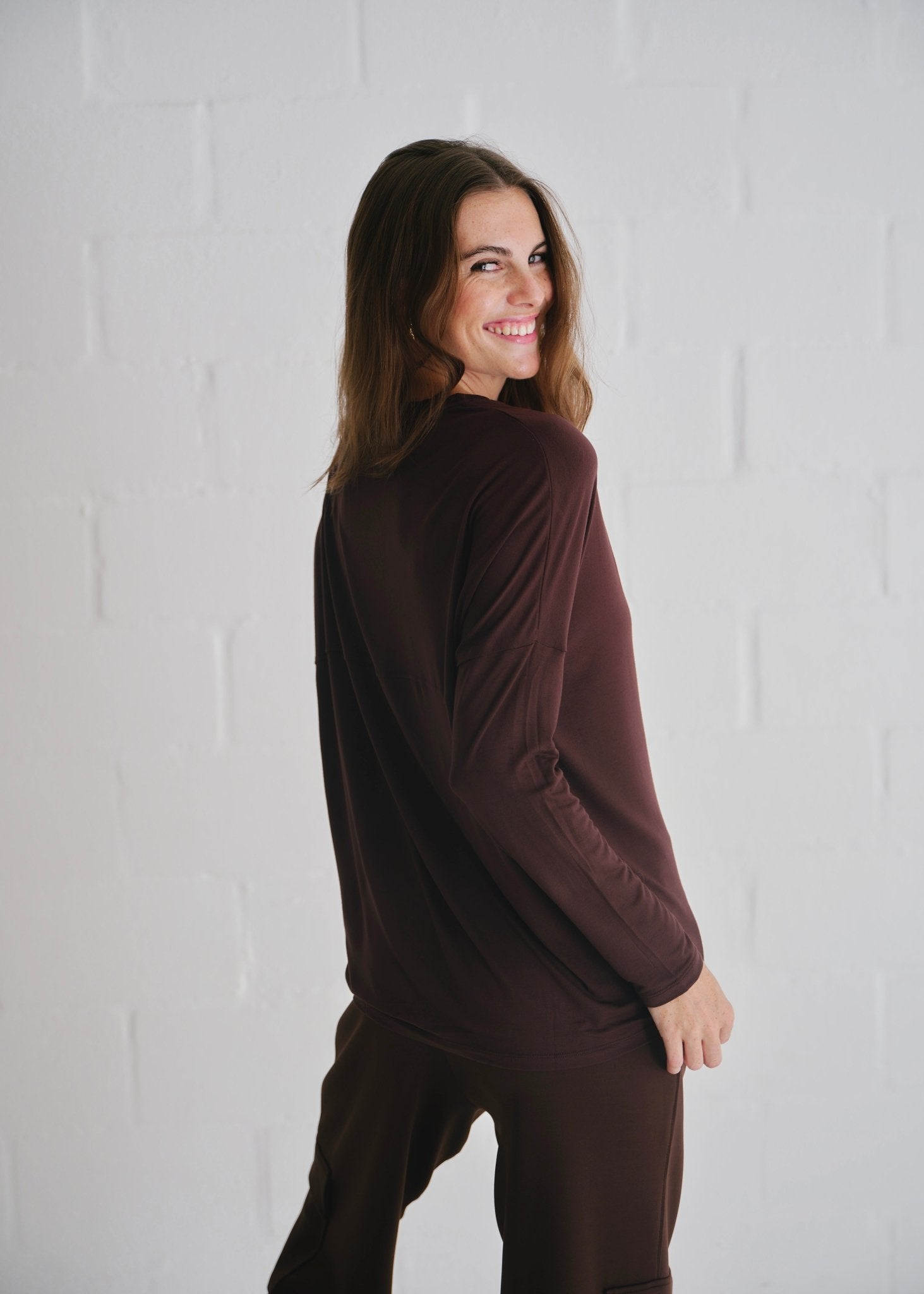 View our Kit Classic Long Line Tee With Back Seam In Chocolate - by Tribute Store