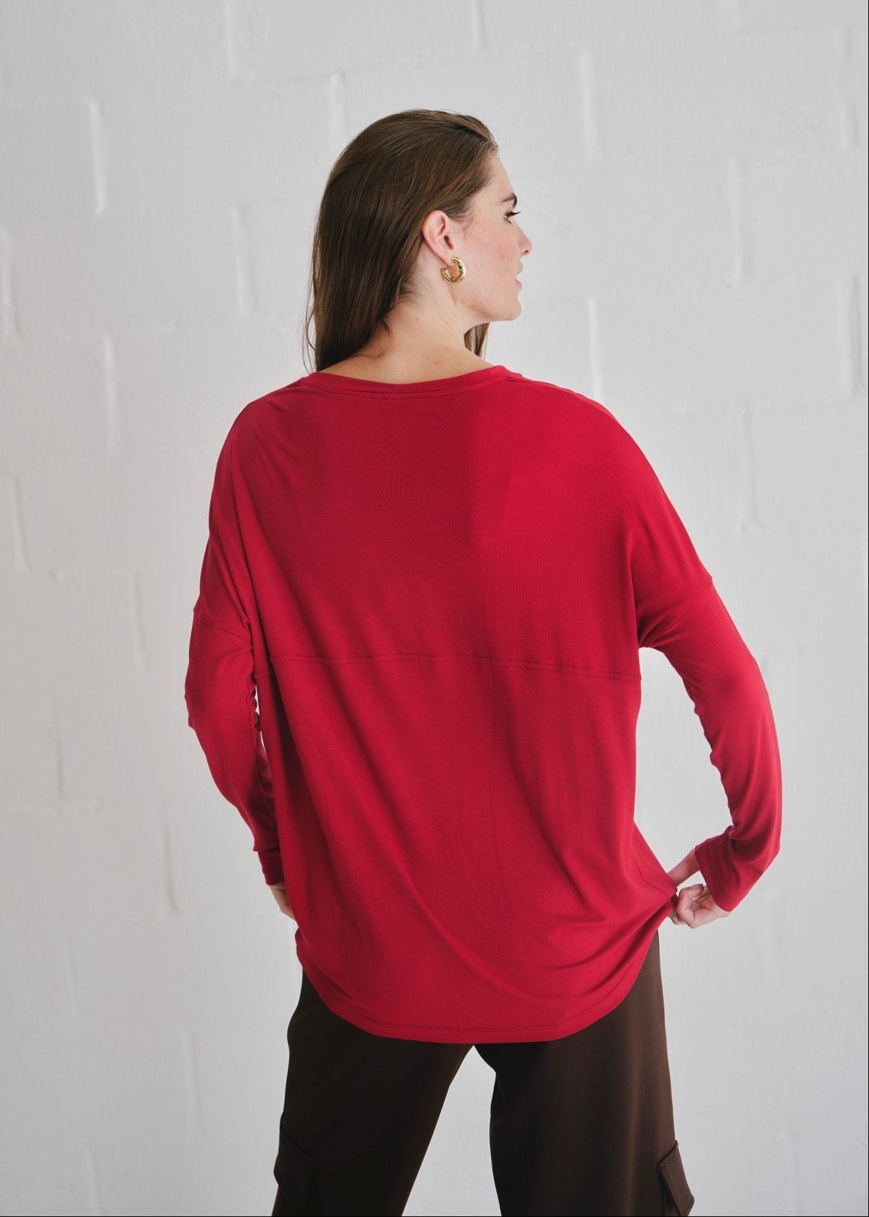 View our Kit Classic Long Line Tee With Back Seam In Deep Red - by Tribute Store