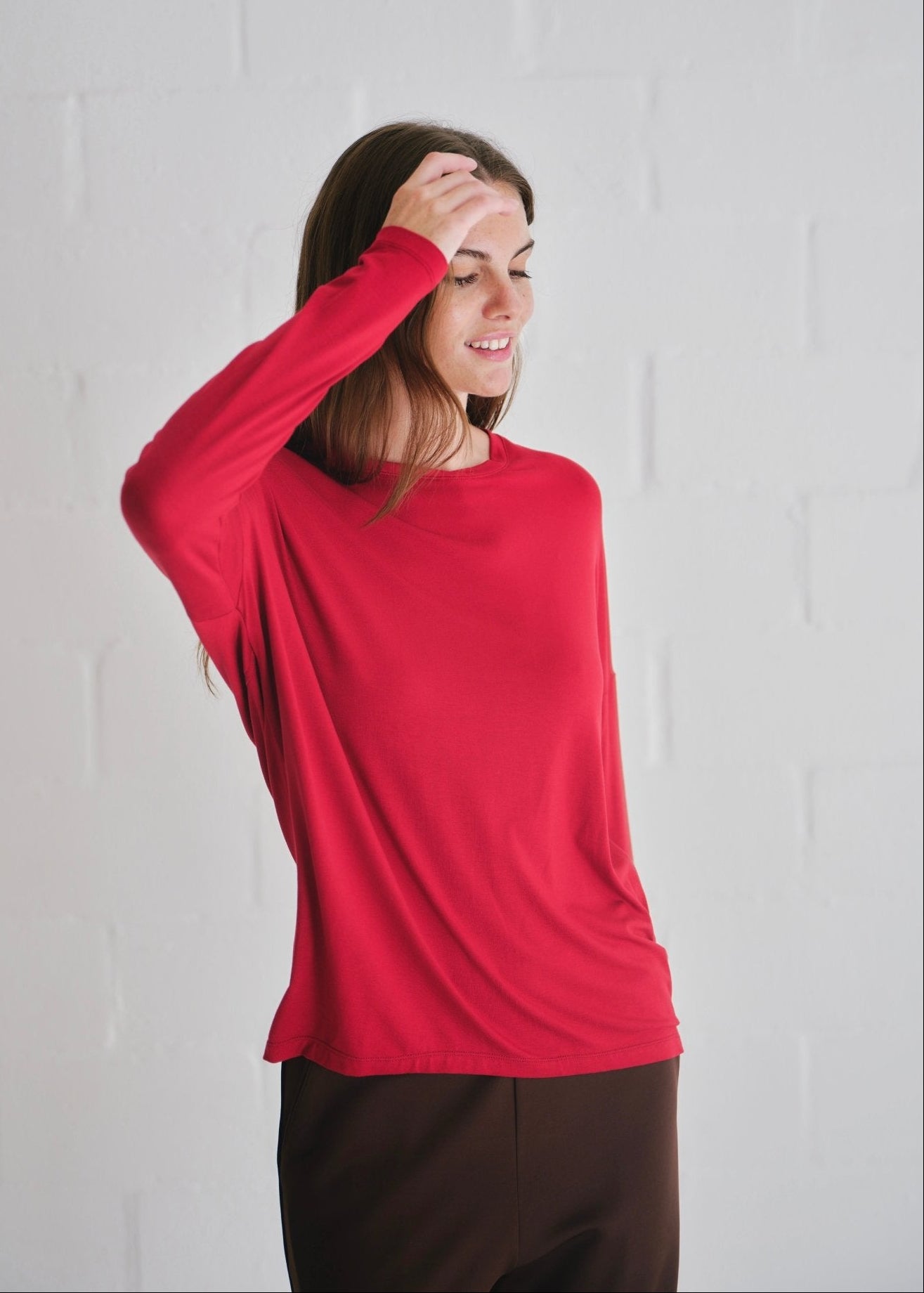 View our Kit Classic Long Line Tee With Back Seam In Deep Red - by Tribute Store