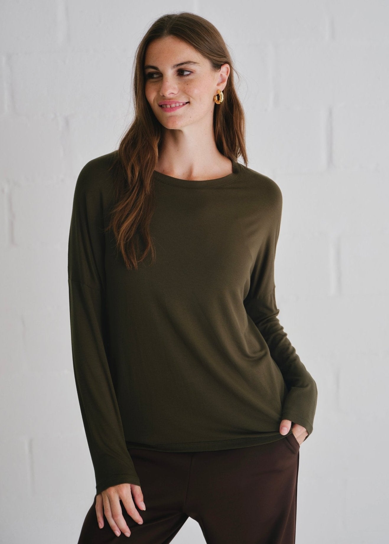 View our Kit Classic Long Line Tee With Back Seam In Khaki - by Tribute Store