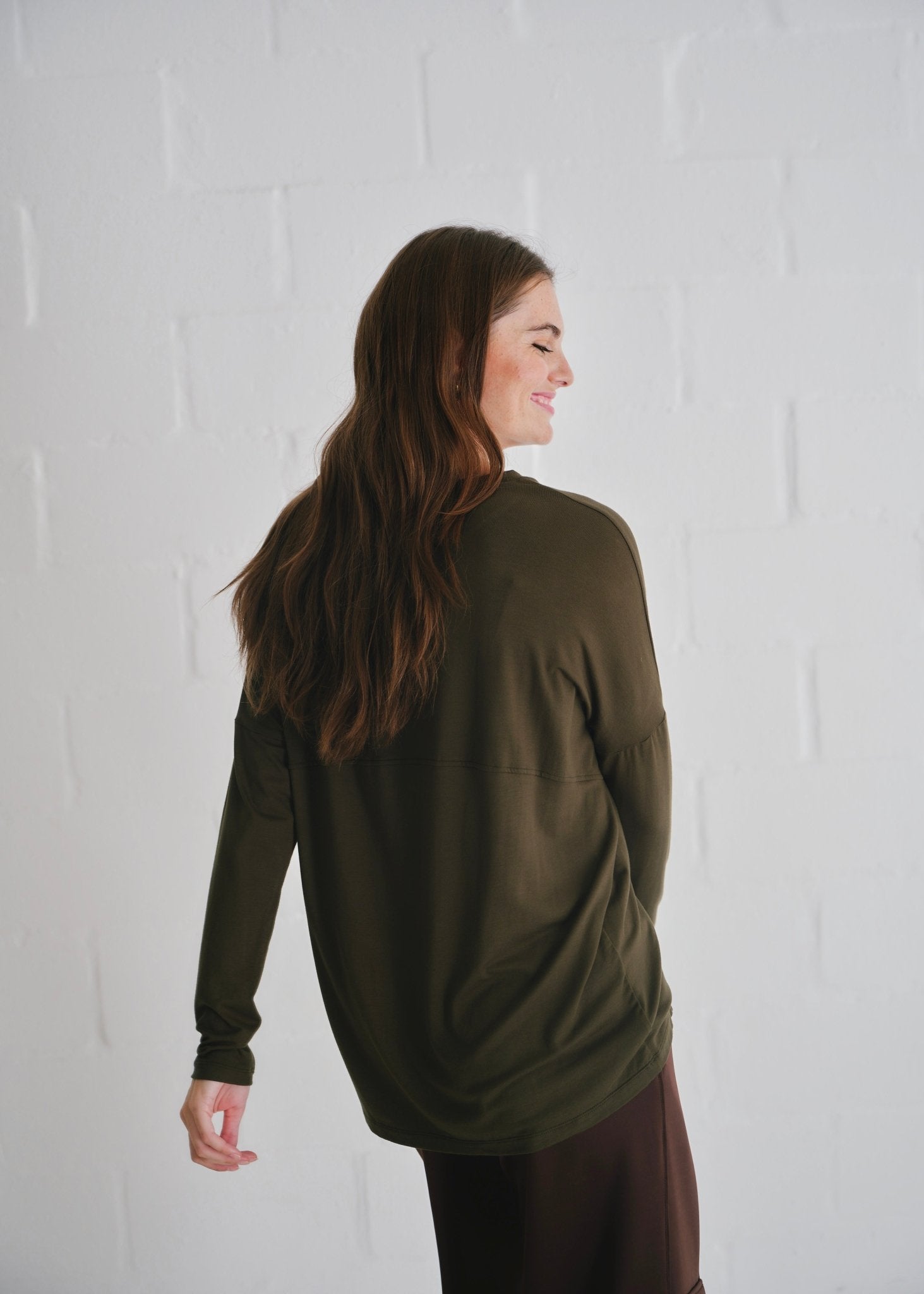 View our Kit Classic Long Line Tee With Back Seam In Khaki - by Tribute Store