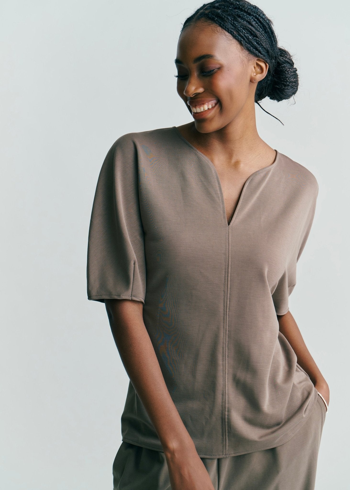 View our Kyoto Drop V Neck Tee In Dark Khaki - by Tribute Store