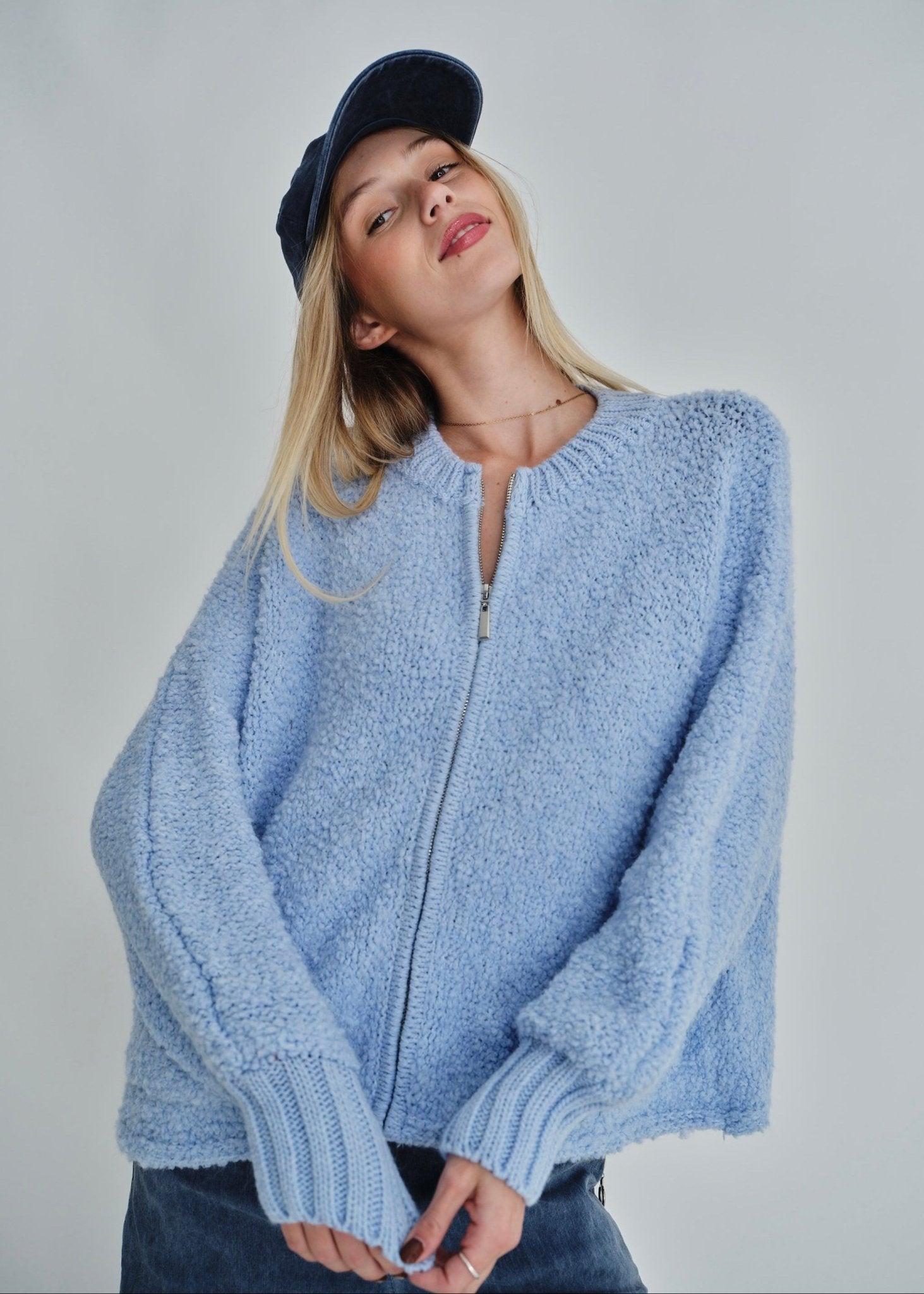 View our Laguna Chunky Zip Bomber In Sky Blue - by Tribute Store