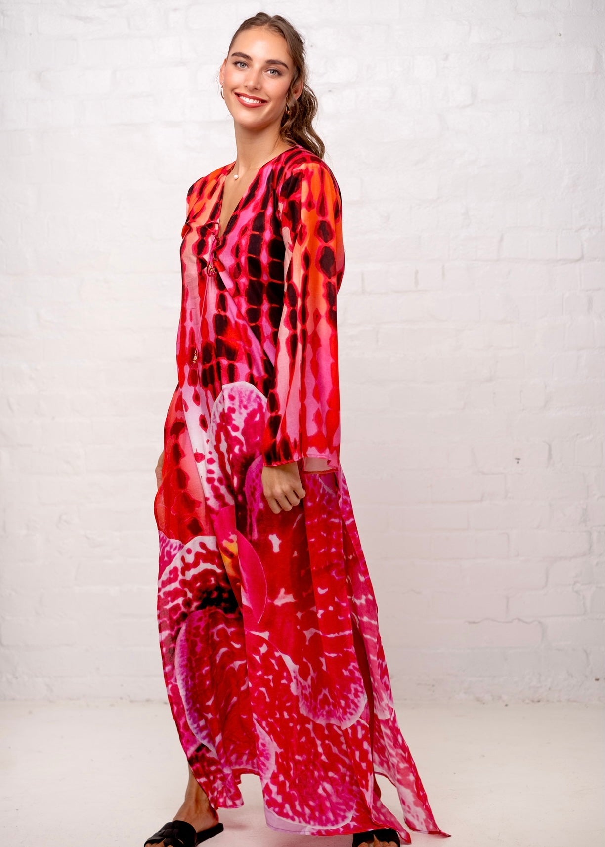 View our Lanira Dress With Bold Pink Orchard Print - by Tribute Store