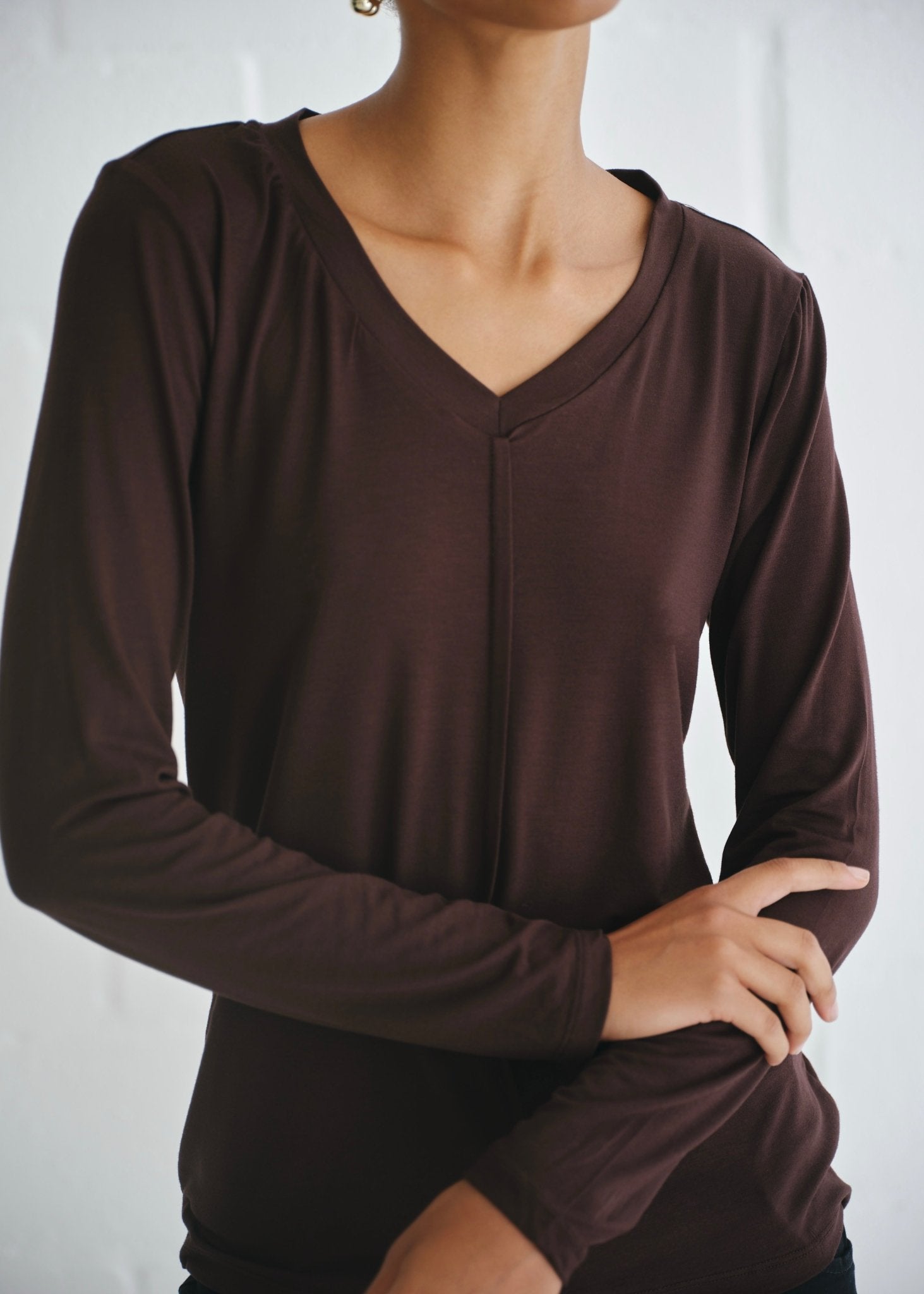 View our Le Marais Long Sleeved V Neck Tee In Chocolate - by Tribute Store