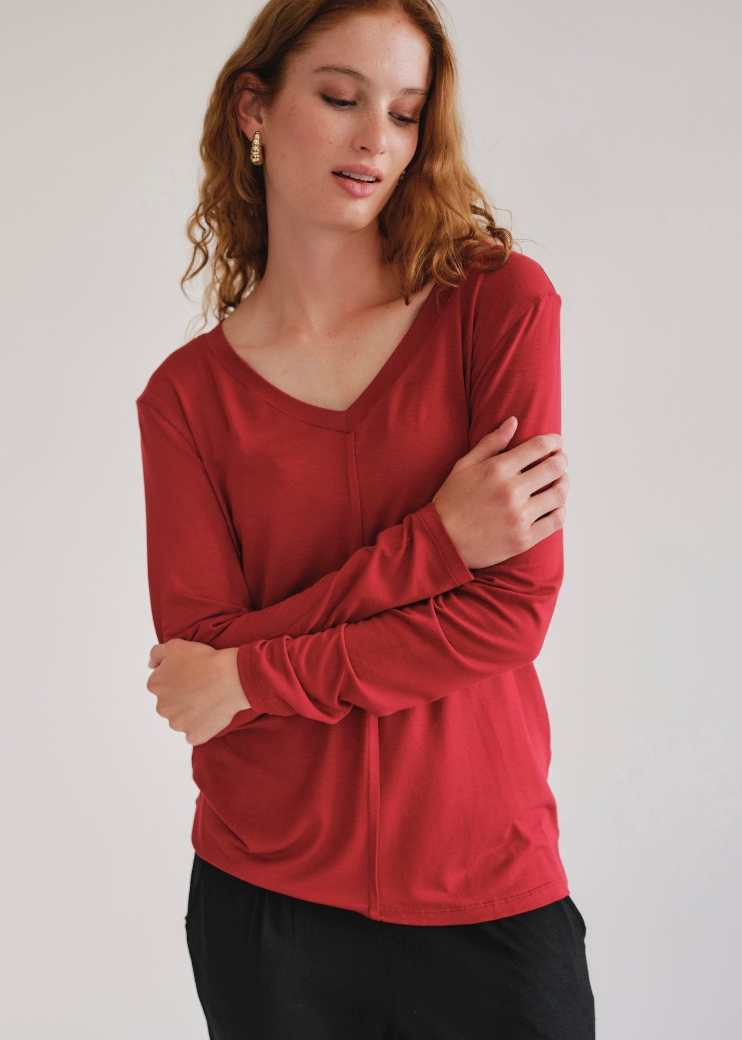 View our Le Marais Long Sleeved V Neck Tee In Deep Red - by Tribute Store