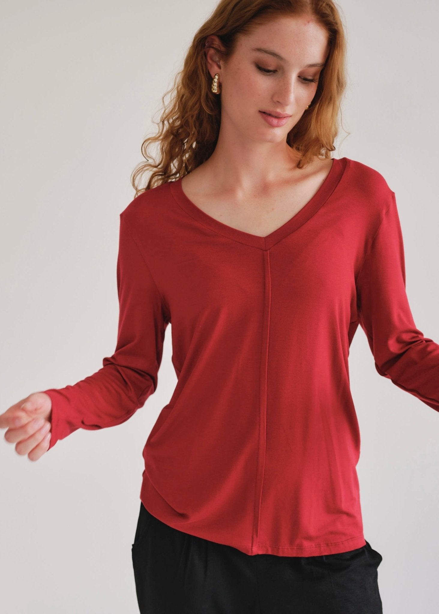 View our Le Marais Long Sleeved V Neck Tee In Deep Red - by Tribute Store