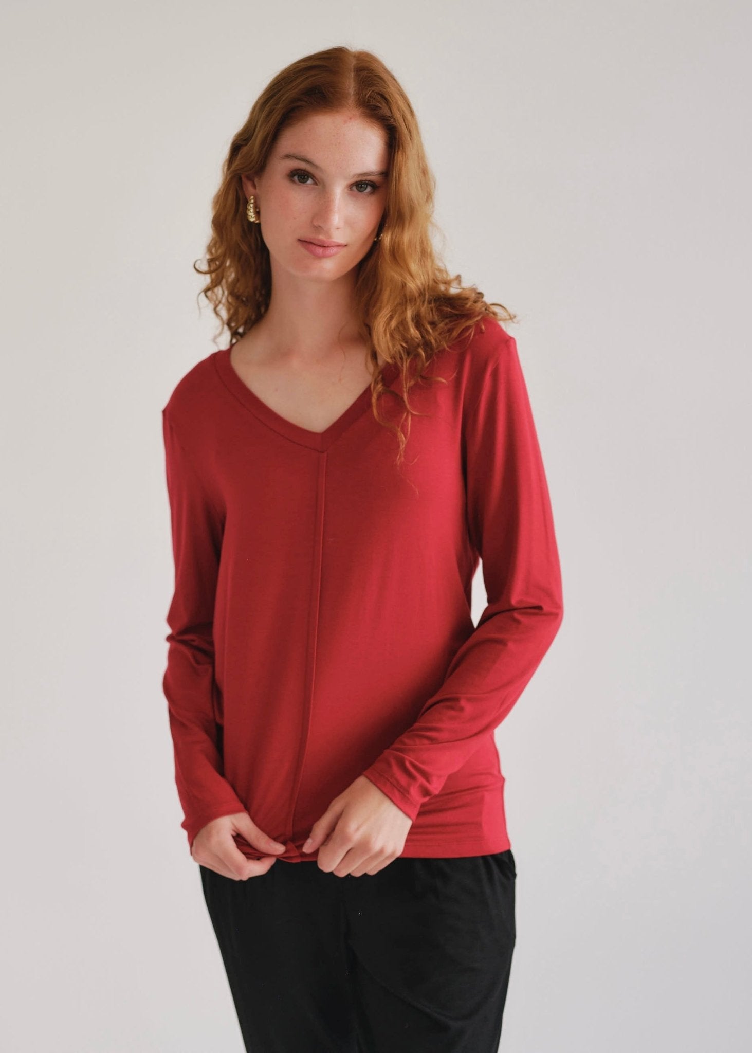 View our Le Marais Long Sleeved V Neck Tee In Deep Red - by Tribute Store