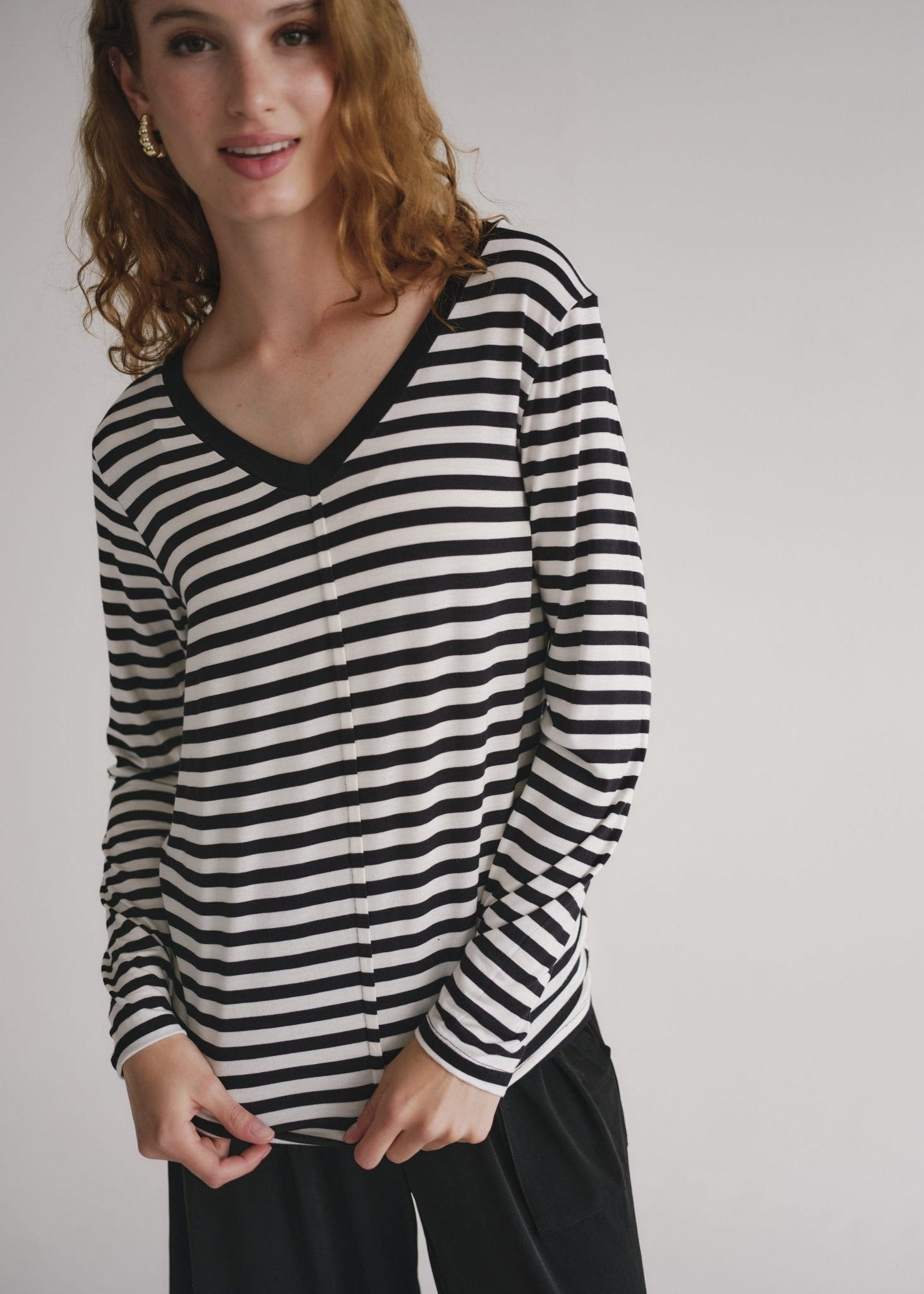 View our Le Marais Stripe Long Sleeved V neck Tee In Black And White - by Tribute Store