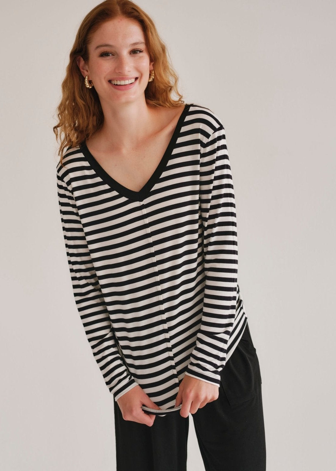 View our Le Marais Stripe Long Sleeved V neck Tee In Black And White - by Tribute Store