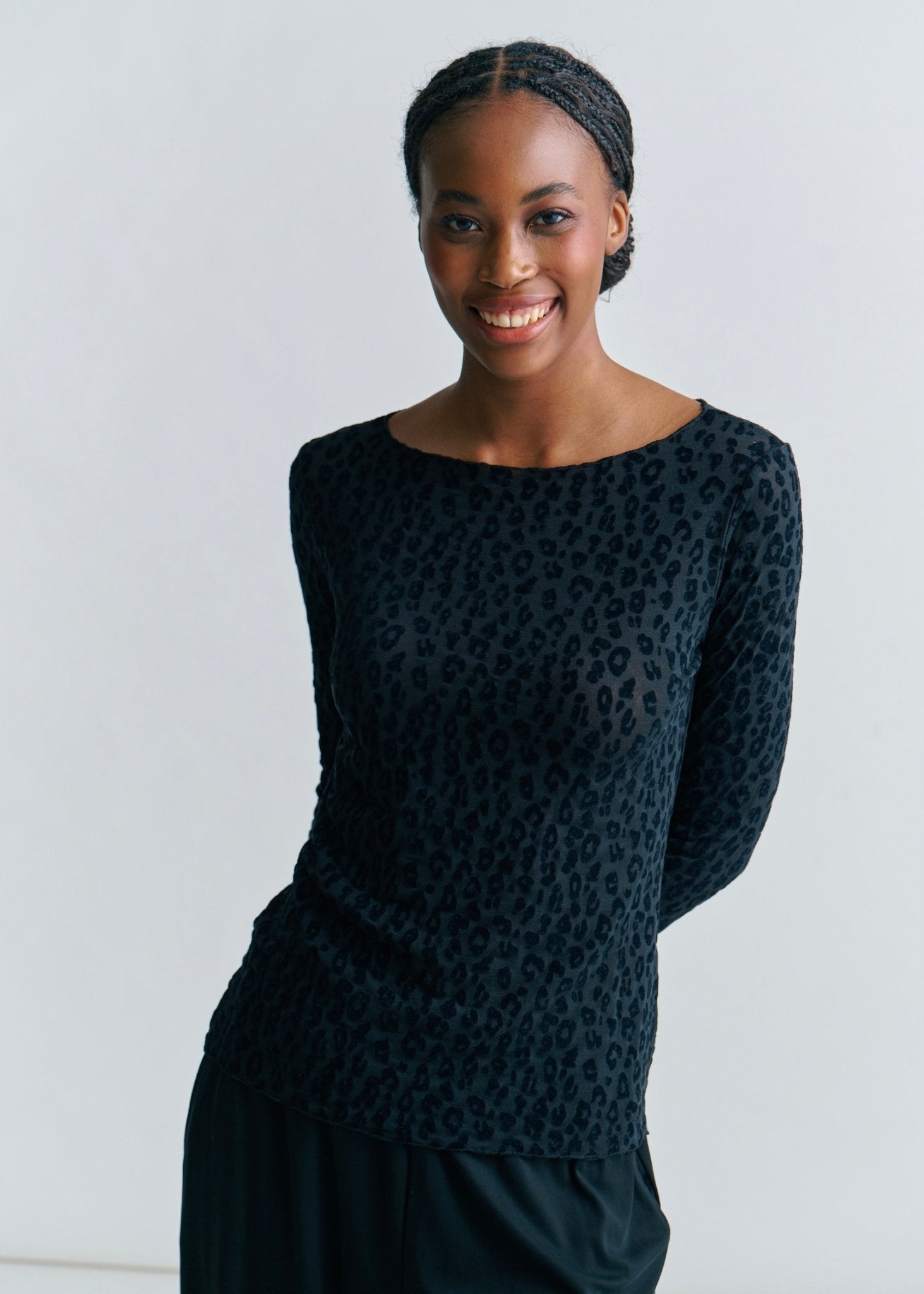 View our Leah Italian Cashmere Blend Sheer Top In Black Leopard Print - by Tribute Store