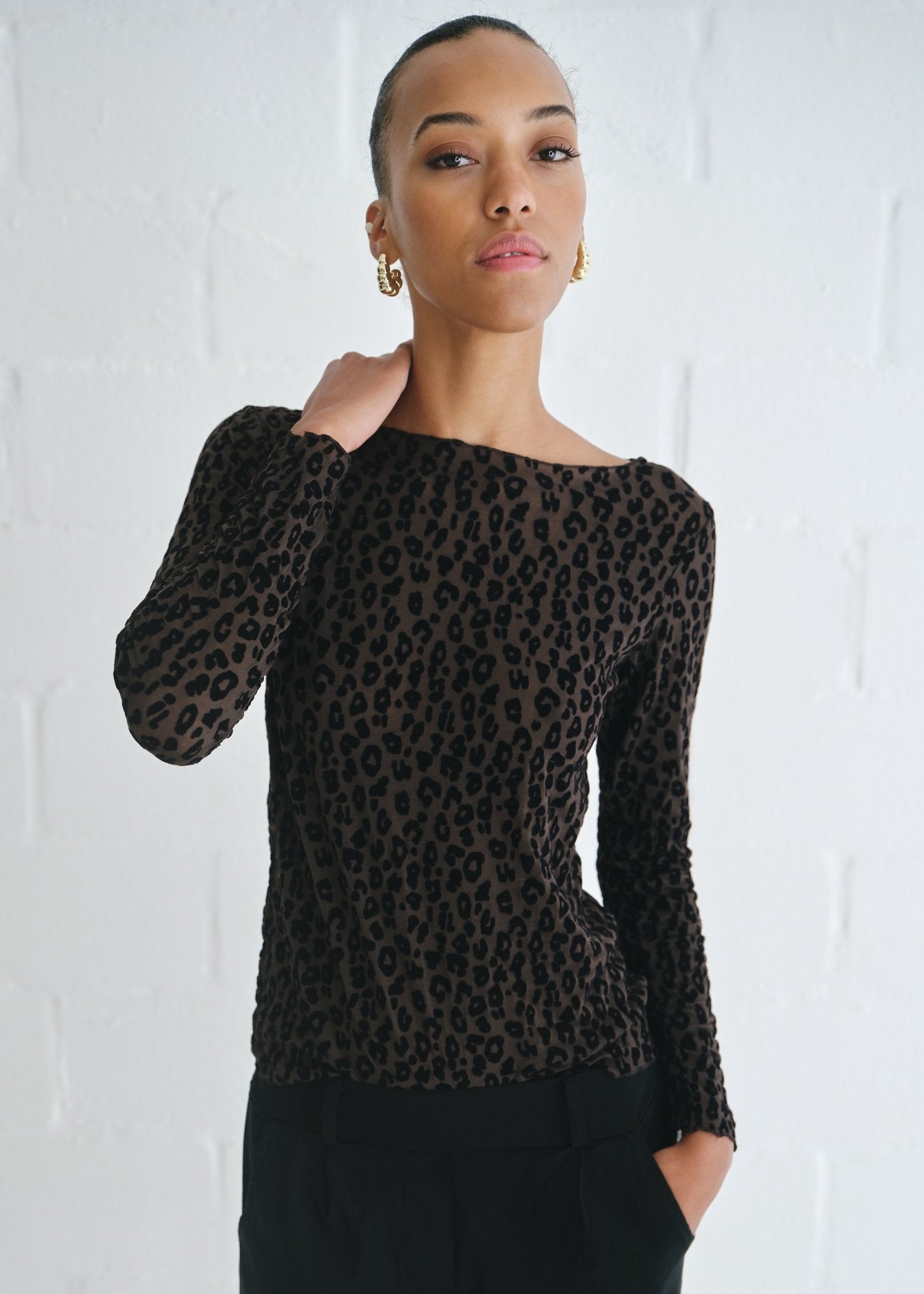 View our Leah Italian Cashmere Blend Sheer Top In Chocolate With Leopard Print - by Tribute Store