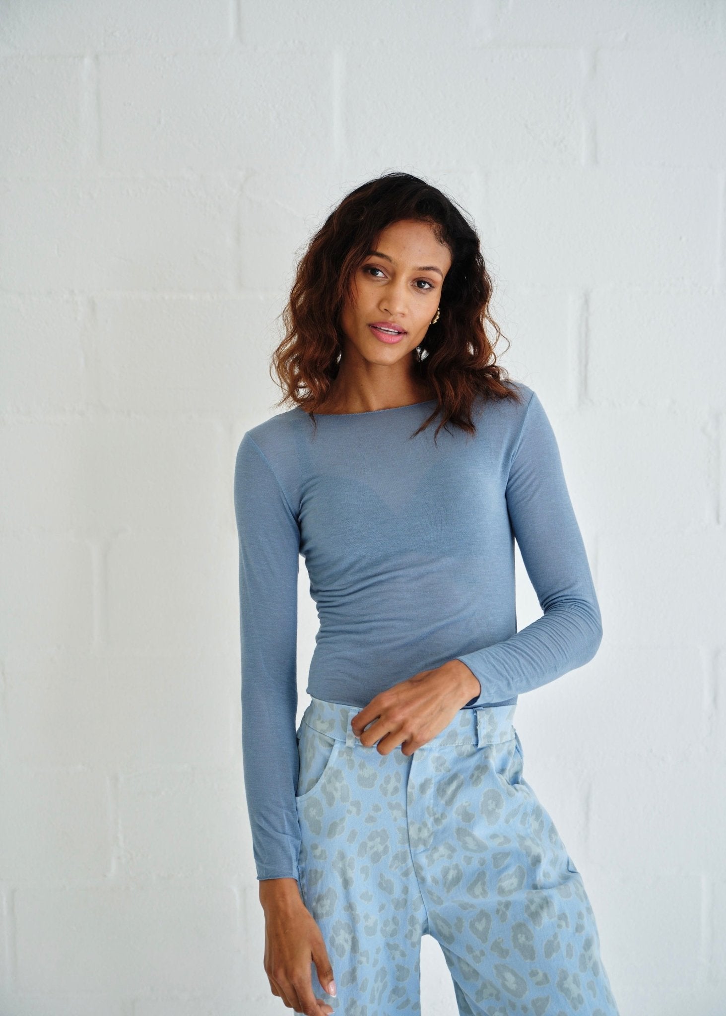 View our Leah Italian Cashmere Blend Sheer Top In Dusty Blue - by Tribute Store