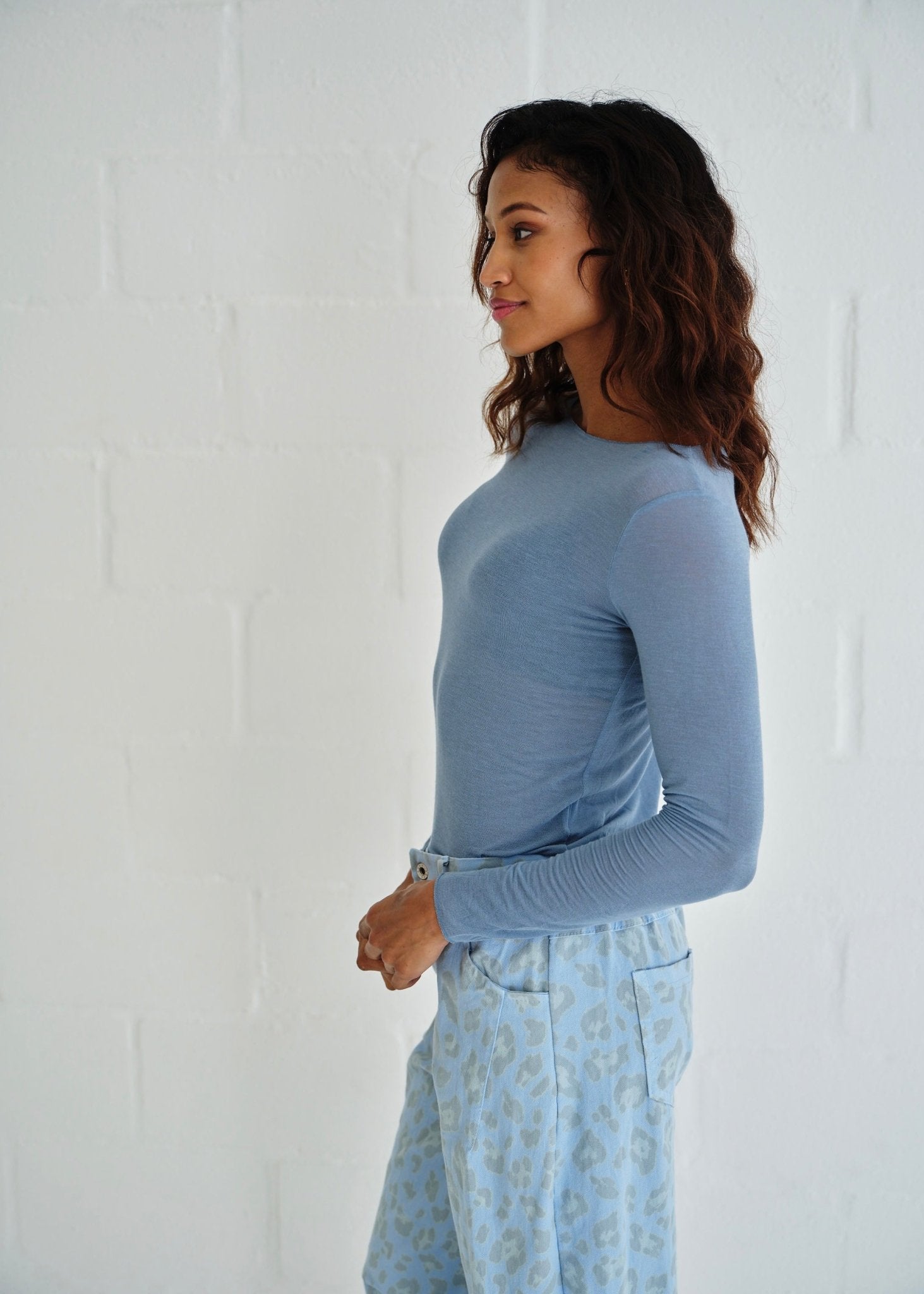 View our Leah Italian Cashmere Blend Sheer Top In Dusty Blue - by Tribute Store
