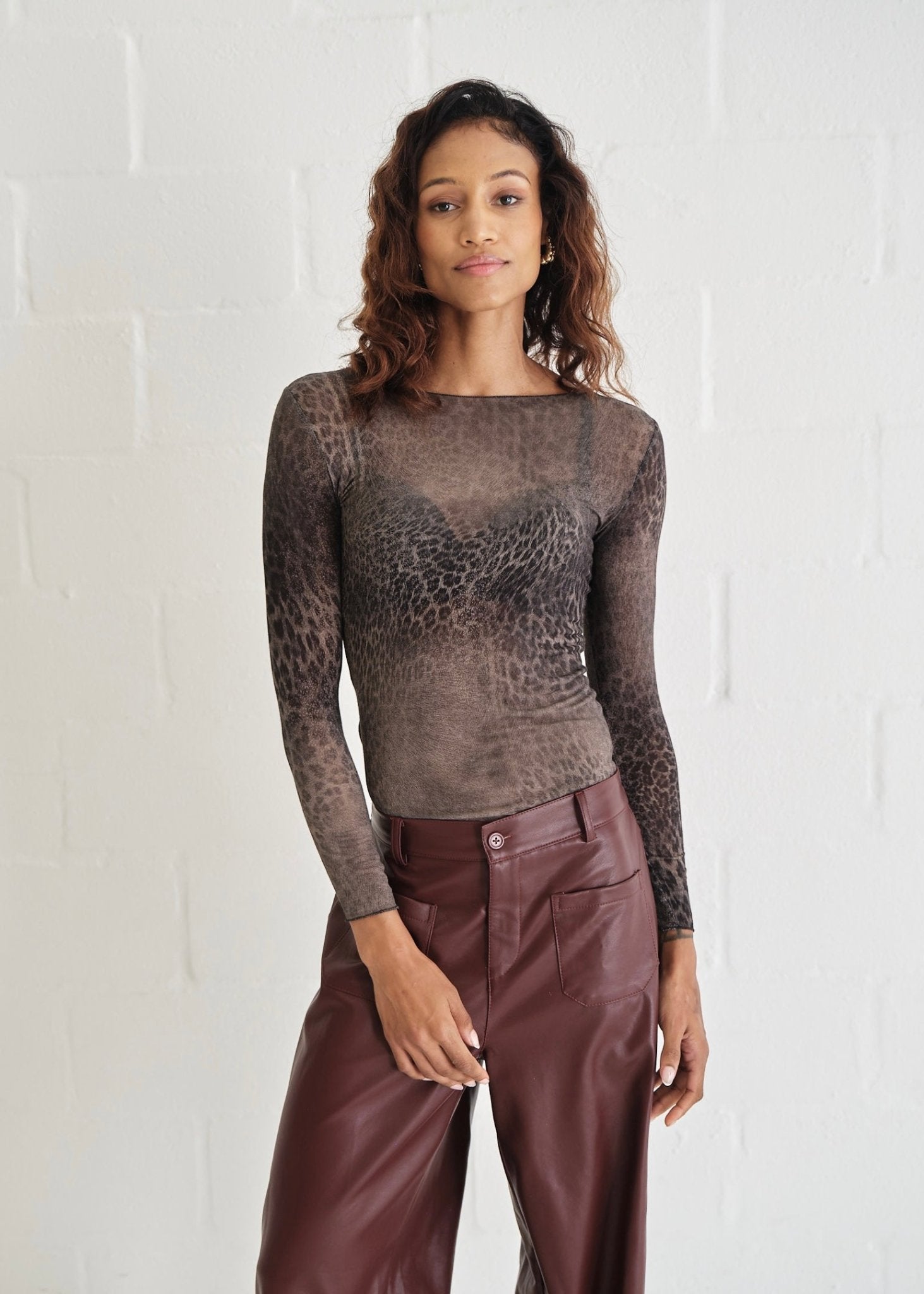 View our Leah Italian Cashmere Blend Sheer Top In Grey Distressed Leopard - by Tribute Store