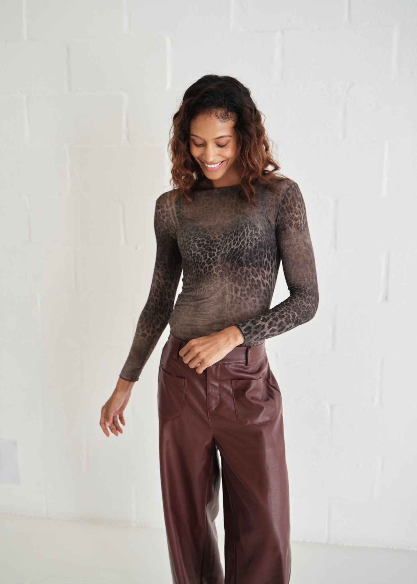 View our Leah Italian Cashmere Blend Sheer Top In Grey Distressed Leopard - by Tribute Store