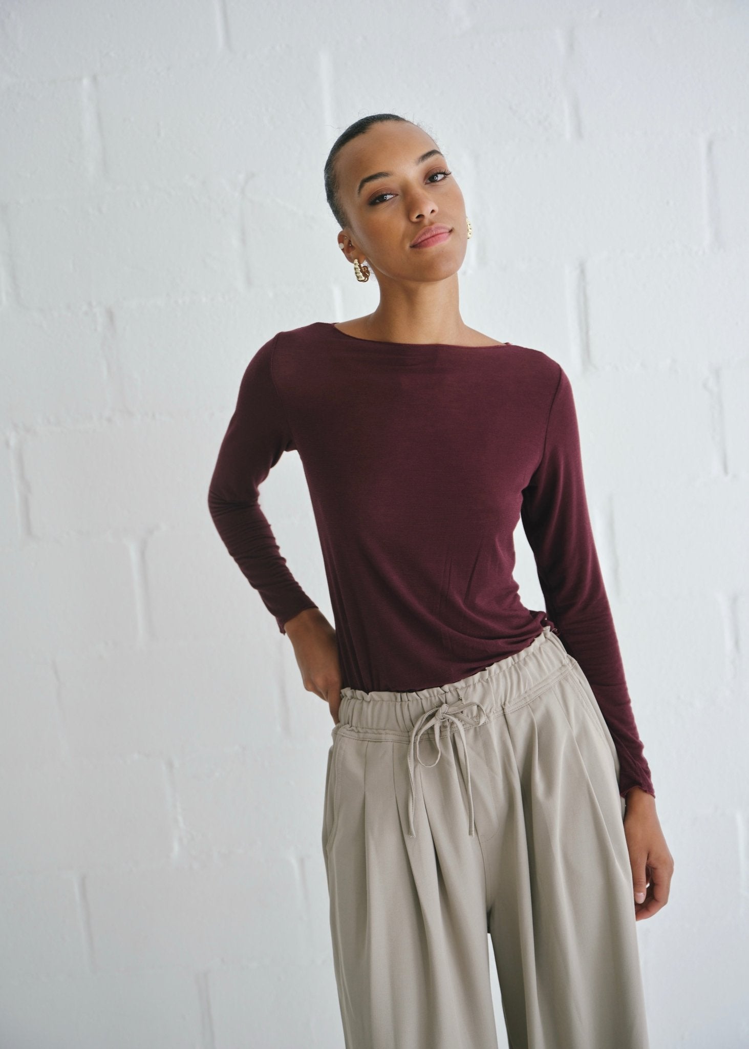 View our Leah Italian Cashmere Blend Sheer Top In Maroon - by Tribute Store