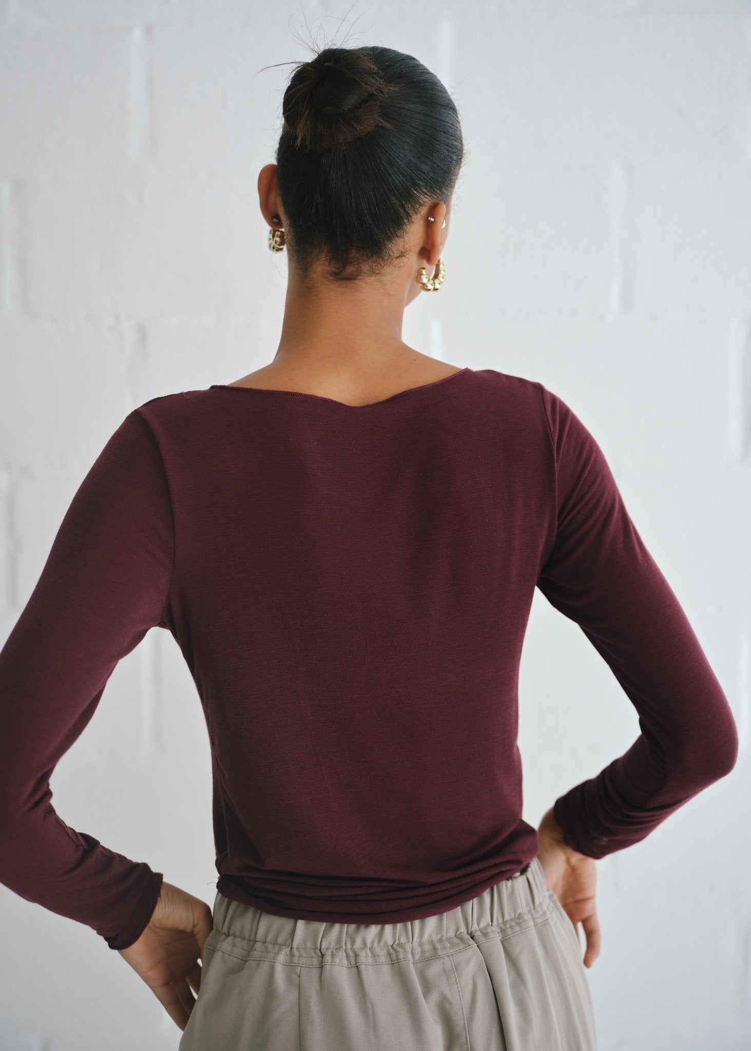 View our Leah Italian Cashmere Blend Sheer Top In Maroon - by Tribute Store