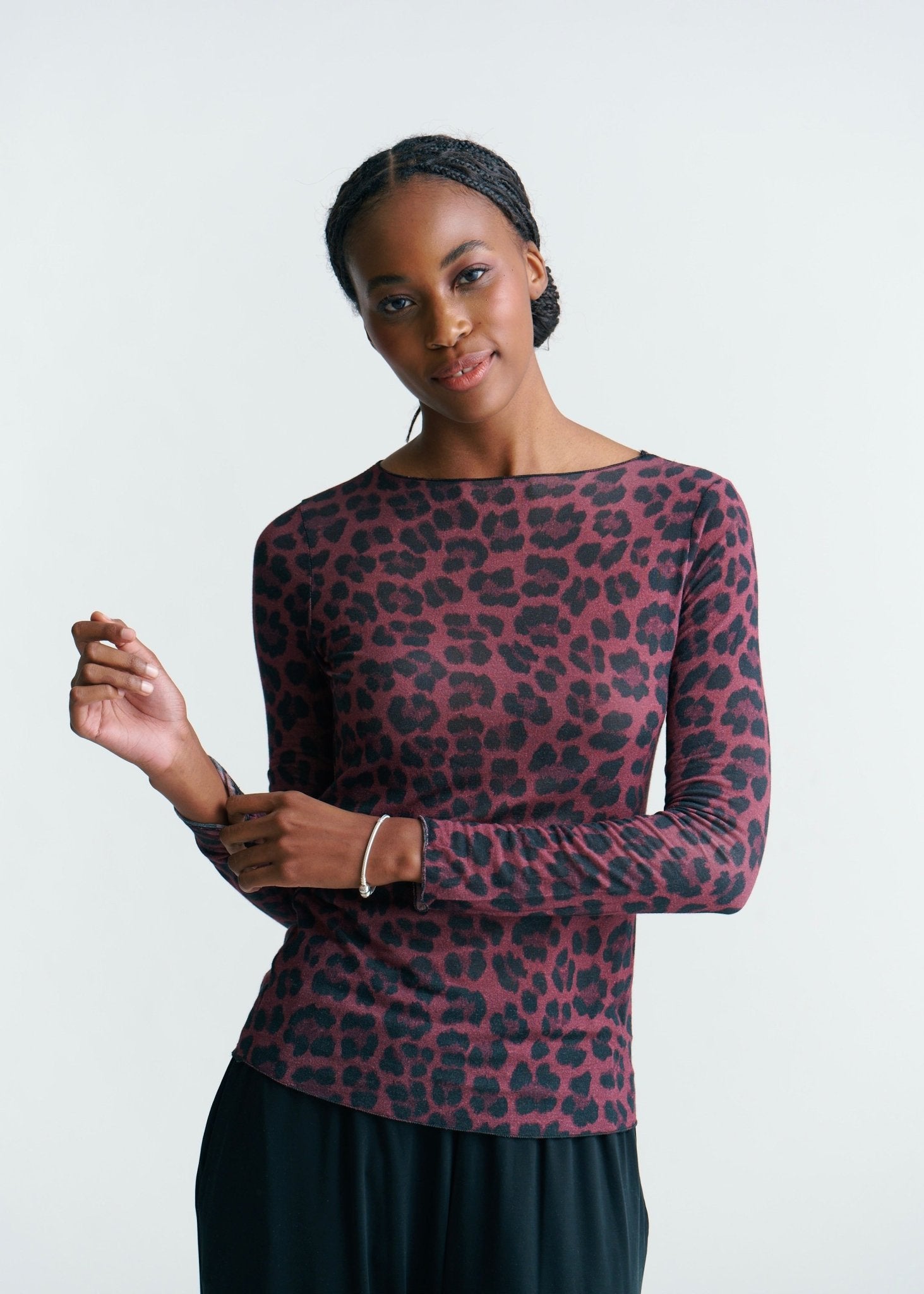 View our Leah Italian Cashmere Blend Sheer Top In Maroon With Big Leopard Print - by Tribute Store