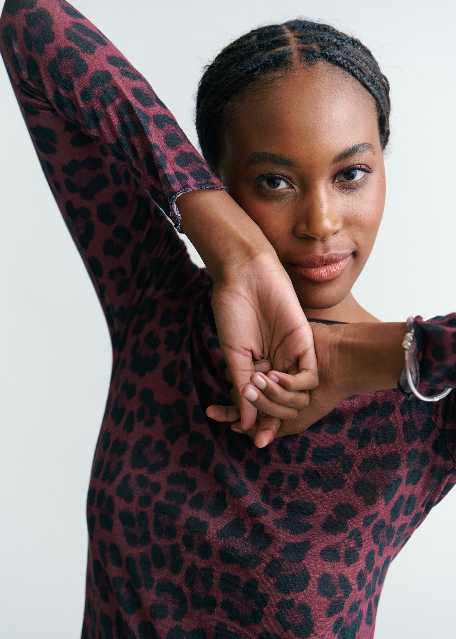 View our Leah Italian Cashmere Blend Sheer Top In Maroon With Big Leopard Print - by Tribute Store