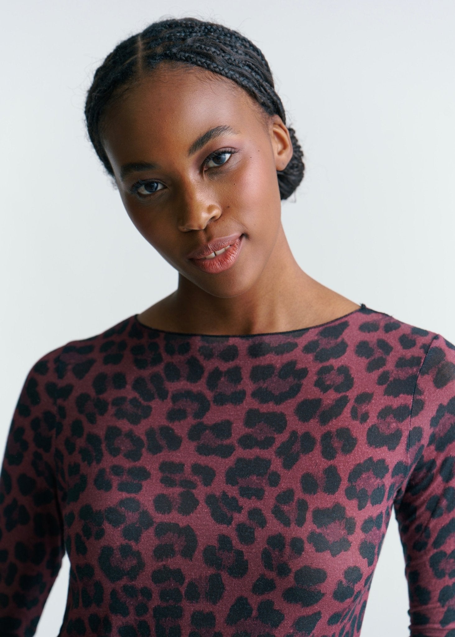 View our Leah Italian Cashmere Blend Sheer Top In Maroon With Big Leopard Print - by Tribute Store