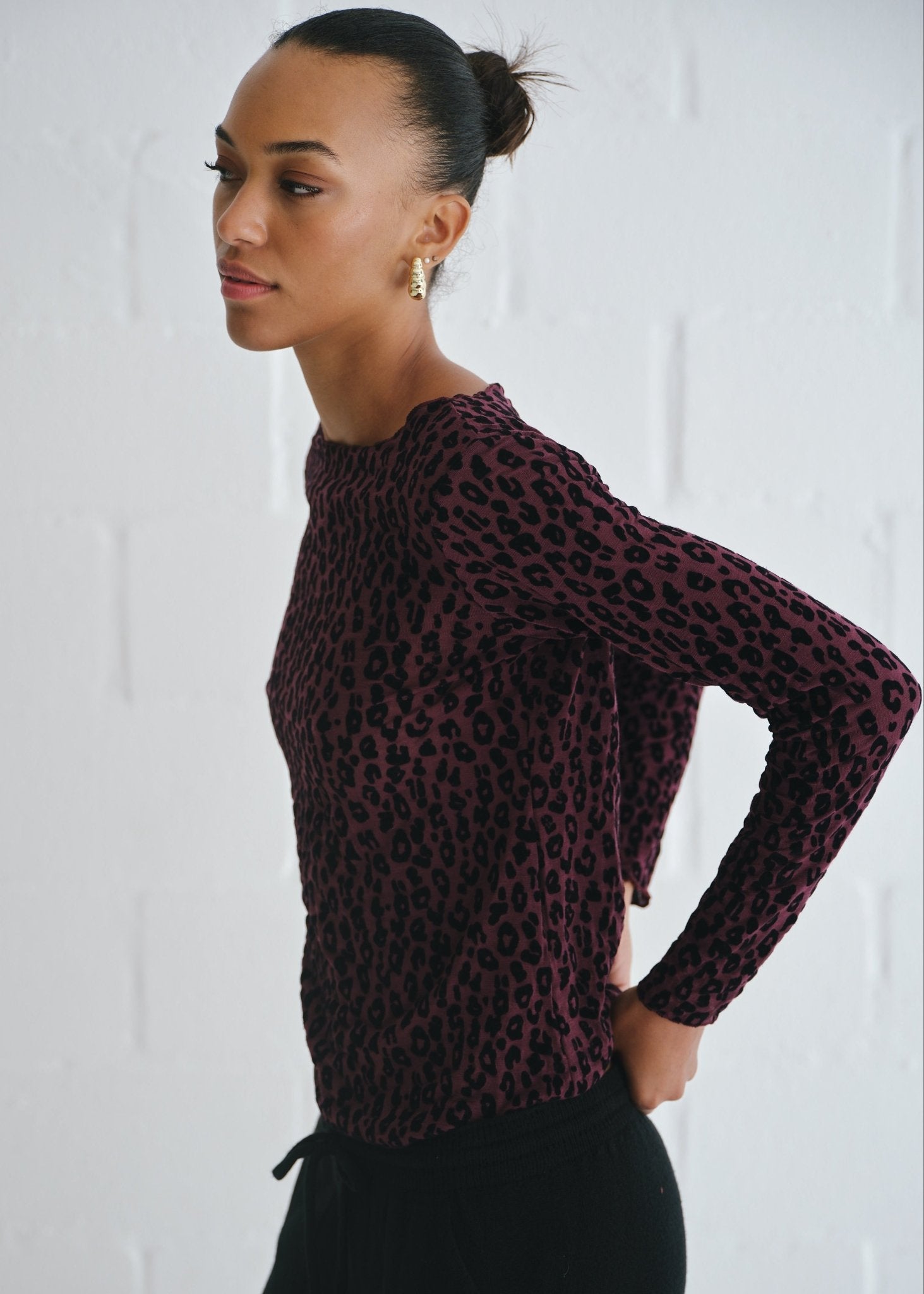 View our Leah Italian Cashmere Blend Sheer Top In Maroon With Leopard - by Tribute Store