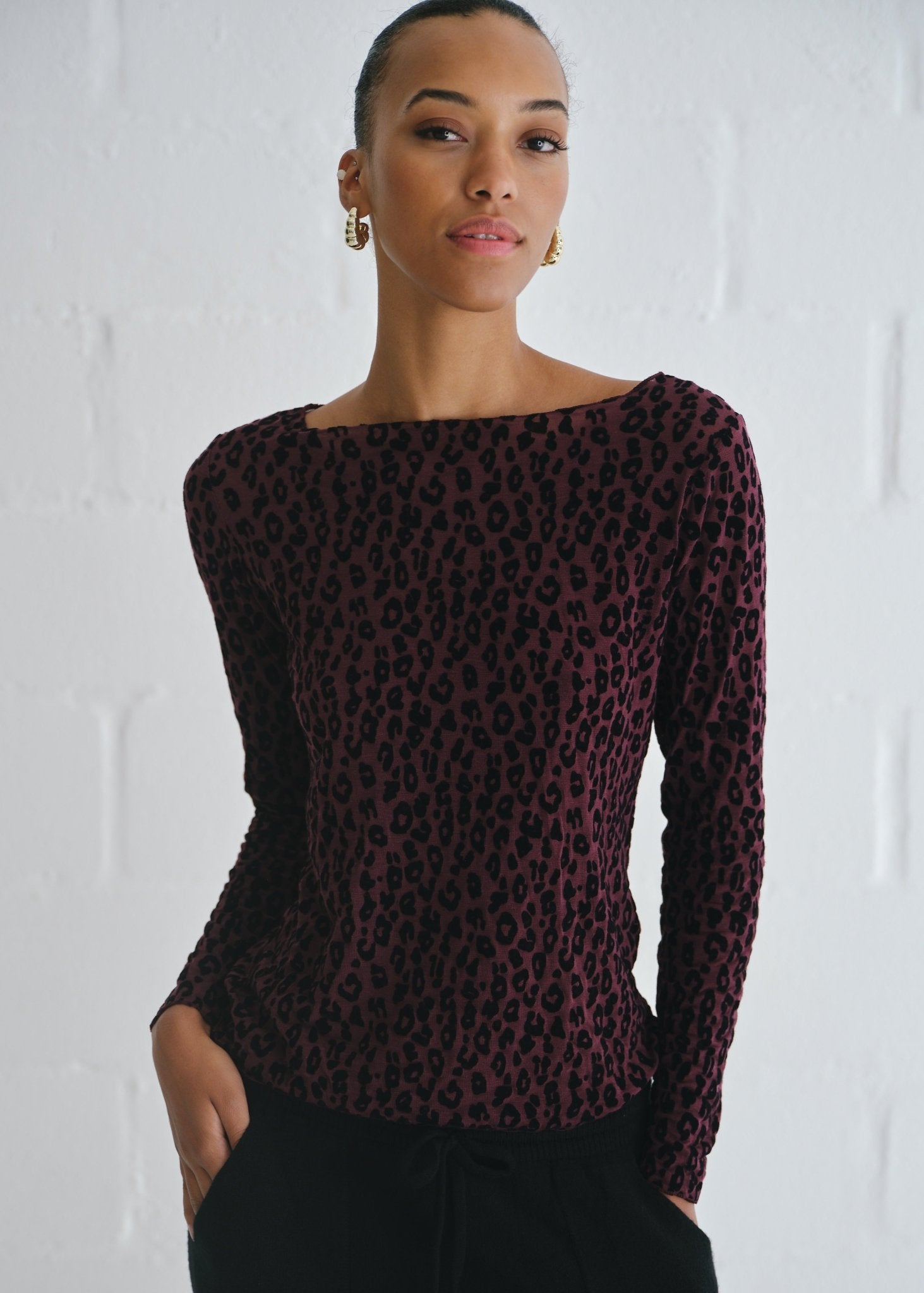 View our Leah Italian Cashmere Blend Sheer Top In Maroon With Leopard - by Tribute Store