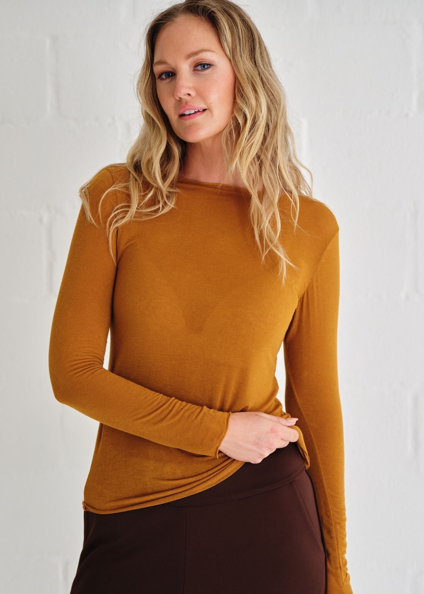 View our Leah Italian Cashmere Blend Sheer Top In Mustard - by Tribute Store