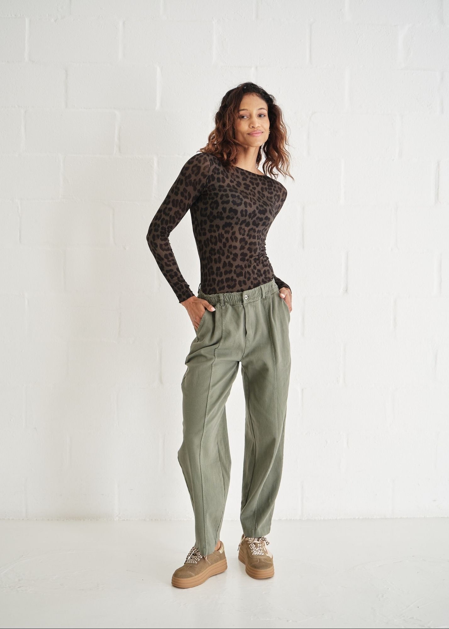 View our Leah Italian Cashmere Blend Sheer Top With Leopard Print In Khaki - by Tribute Store