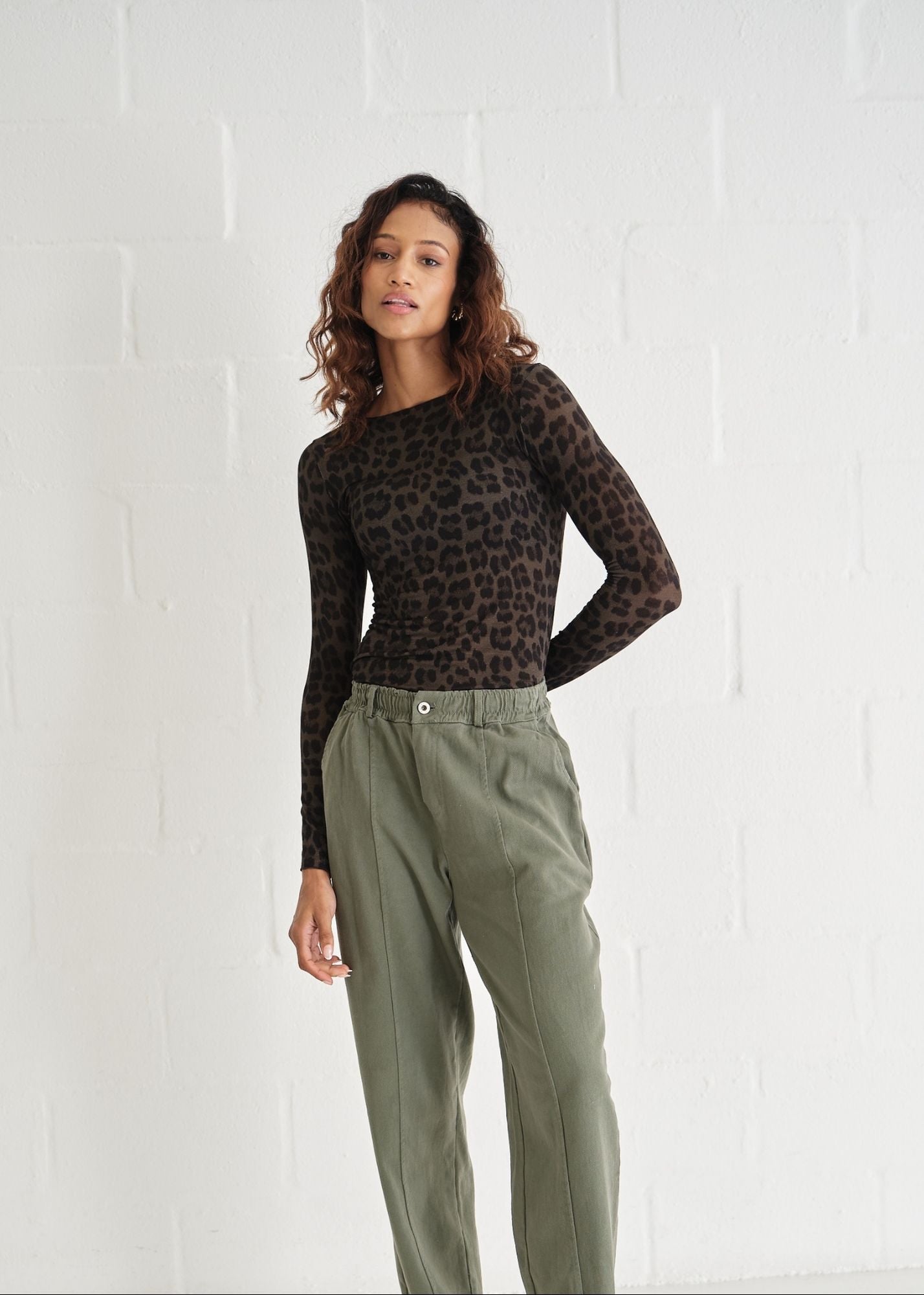 View our Leah Italian Cashmere Blend Sheer Top With Leopard Print In Khaki - by Tribute Store