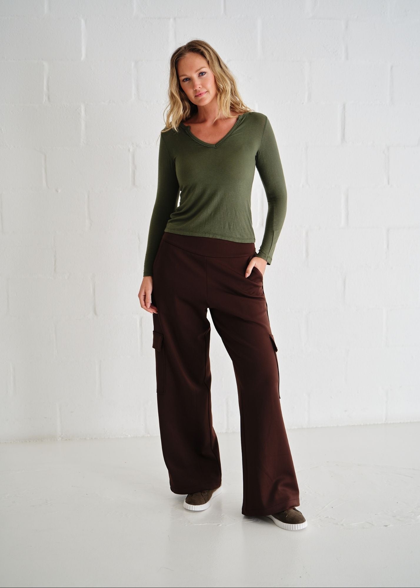 View our Leah Italian Cashmere Blend Sheer Top With V Neck In Khaki Green - by Tribute Store