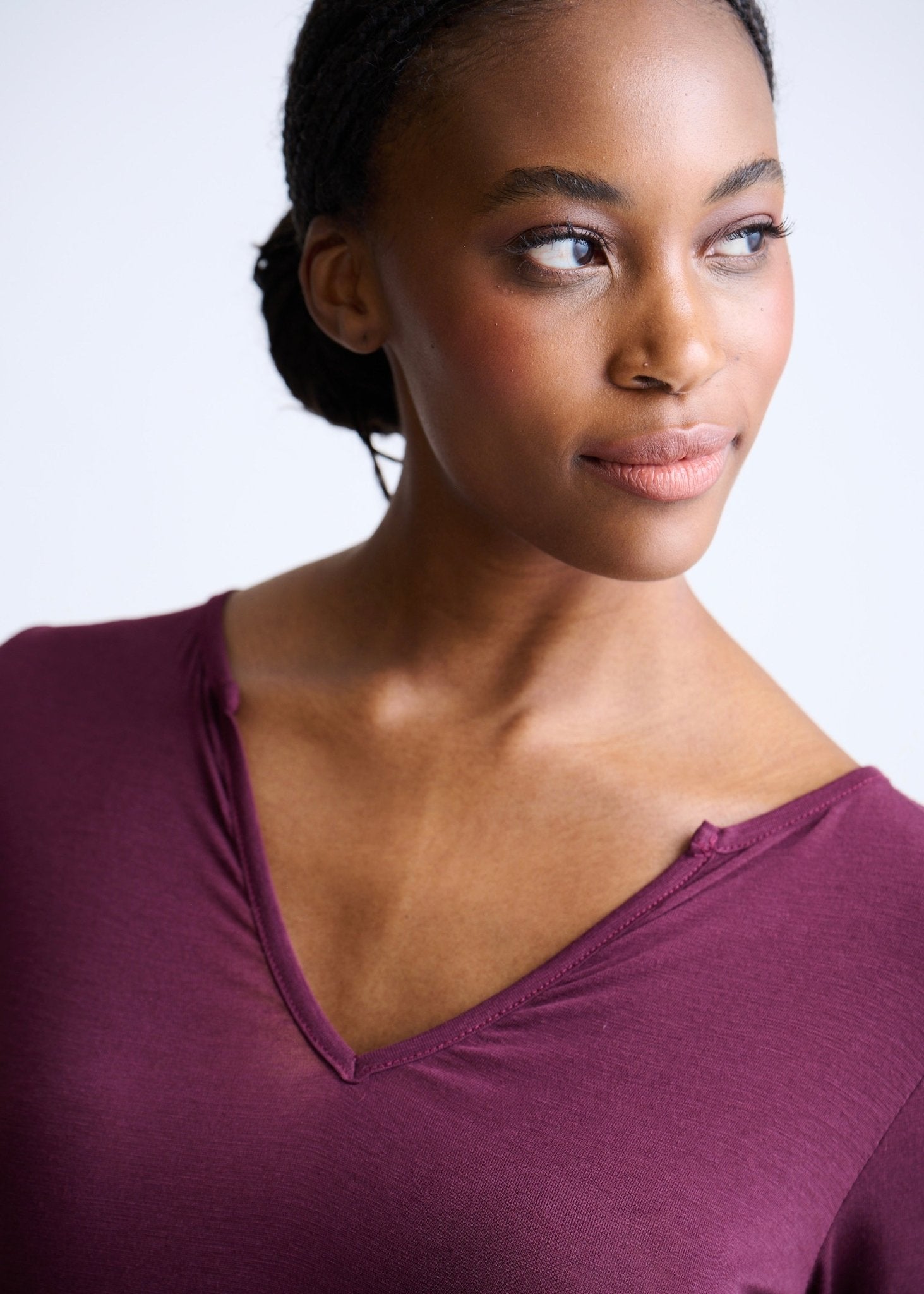 View our Leah Italian Cashmere Blend Sheer Top With V Neck In Wine - by Tribute Store