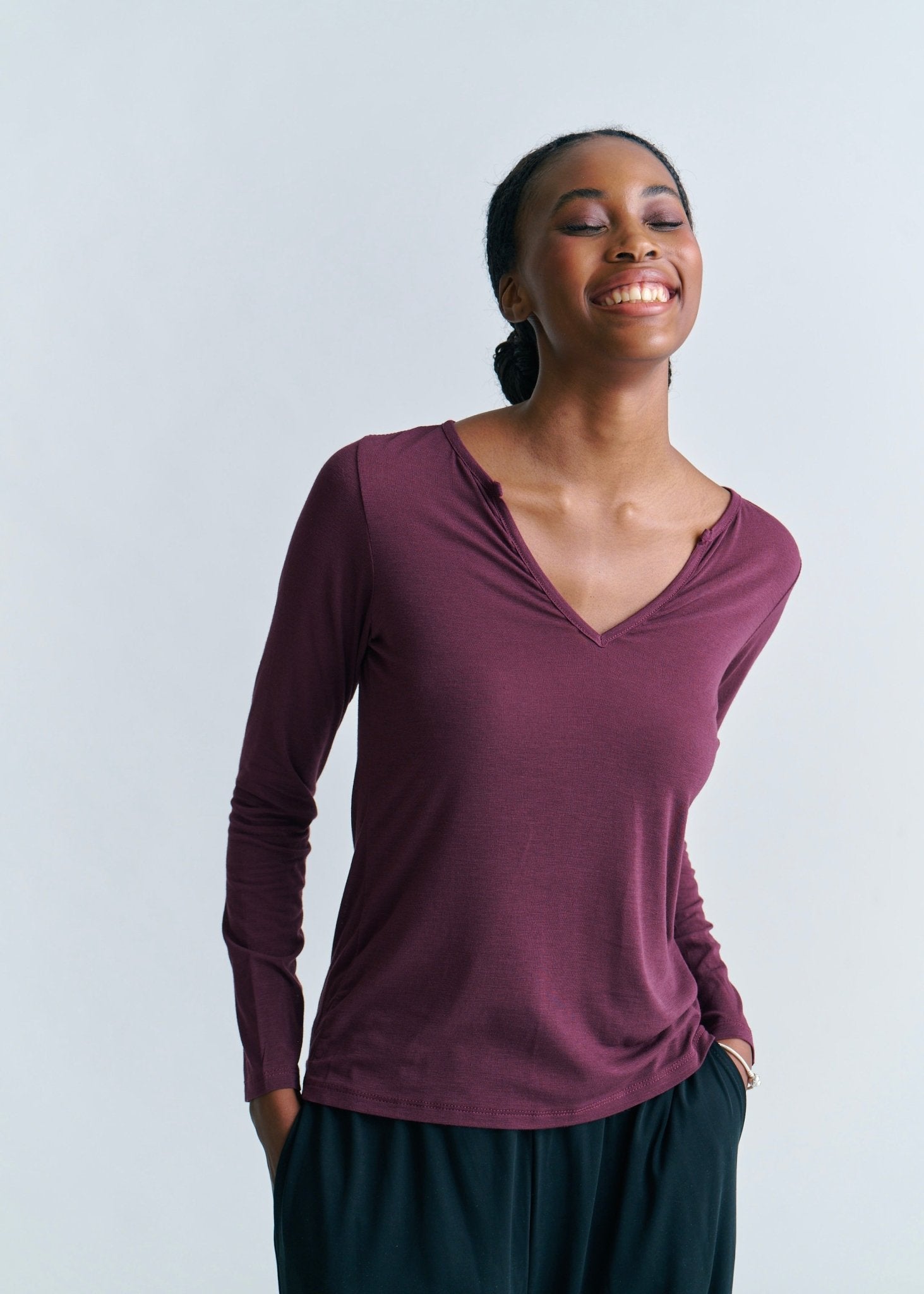 View our Leah Italian Cashmere Blend Sheer Top With V Neck In Wine - by Tribute Store