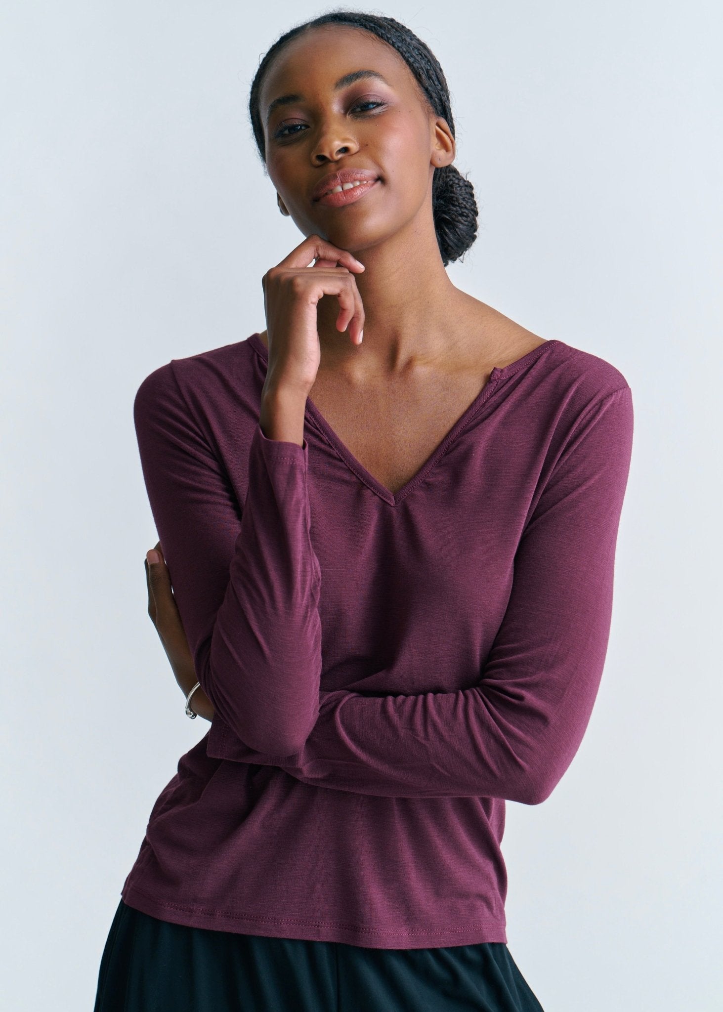 View our Leah Italian Cashmere Blend Sheer Top With V Neck In Wine - by Tribute Store