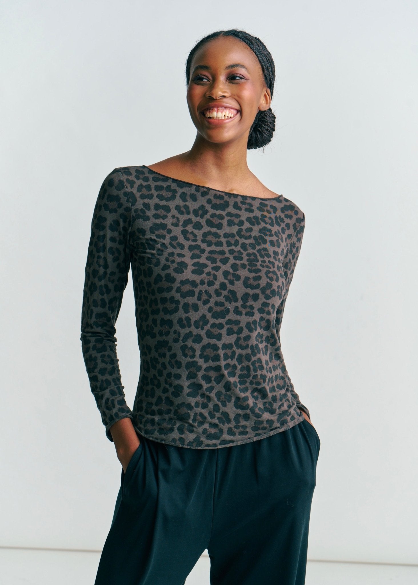 View our Leah Italian Sheer Top With Leopard Print In Chocolate - by Tribute Store