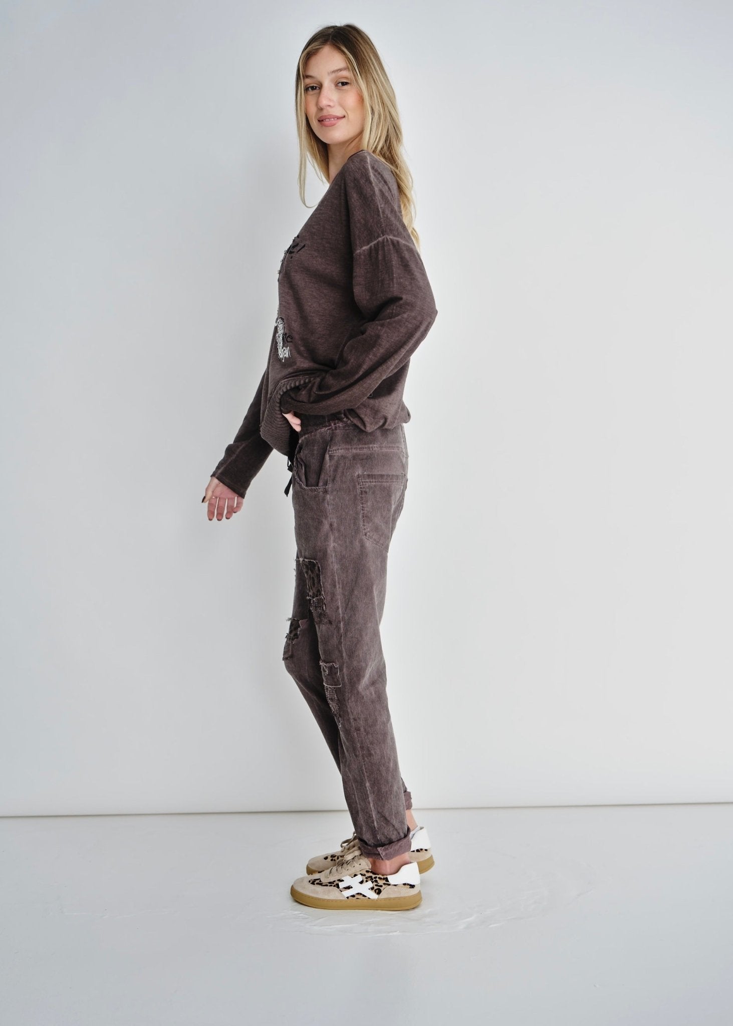 View our Leopard Sequin Joggers In Stonewashed Berry - by Tribute Store