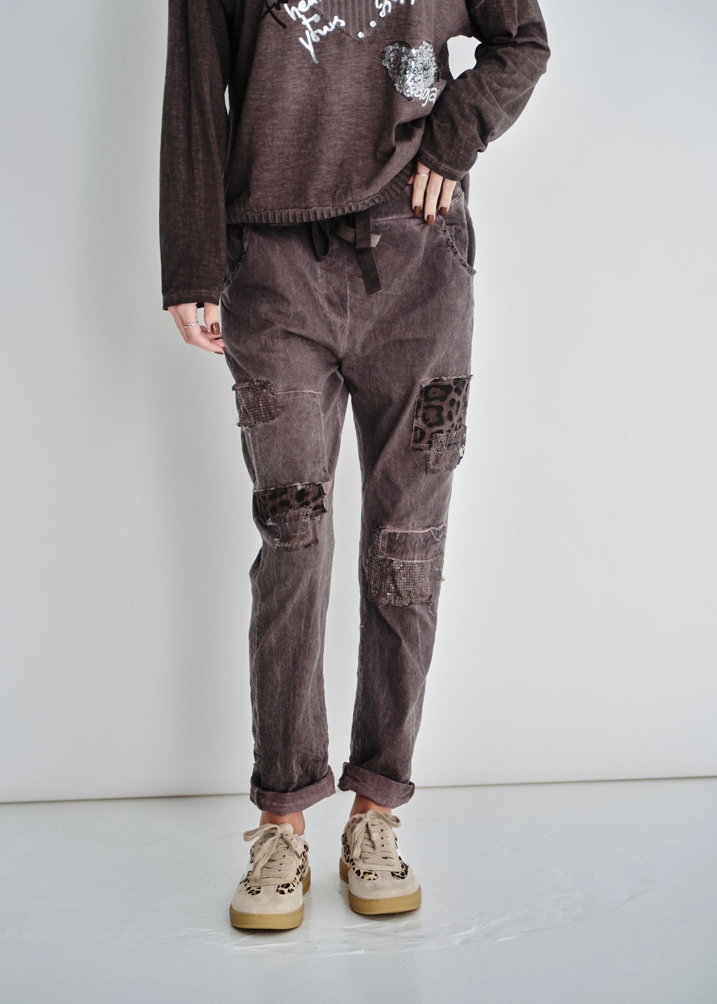 View our Leopard Sequin Joggers In Stonewashed Berry - by Tribute Store