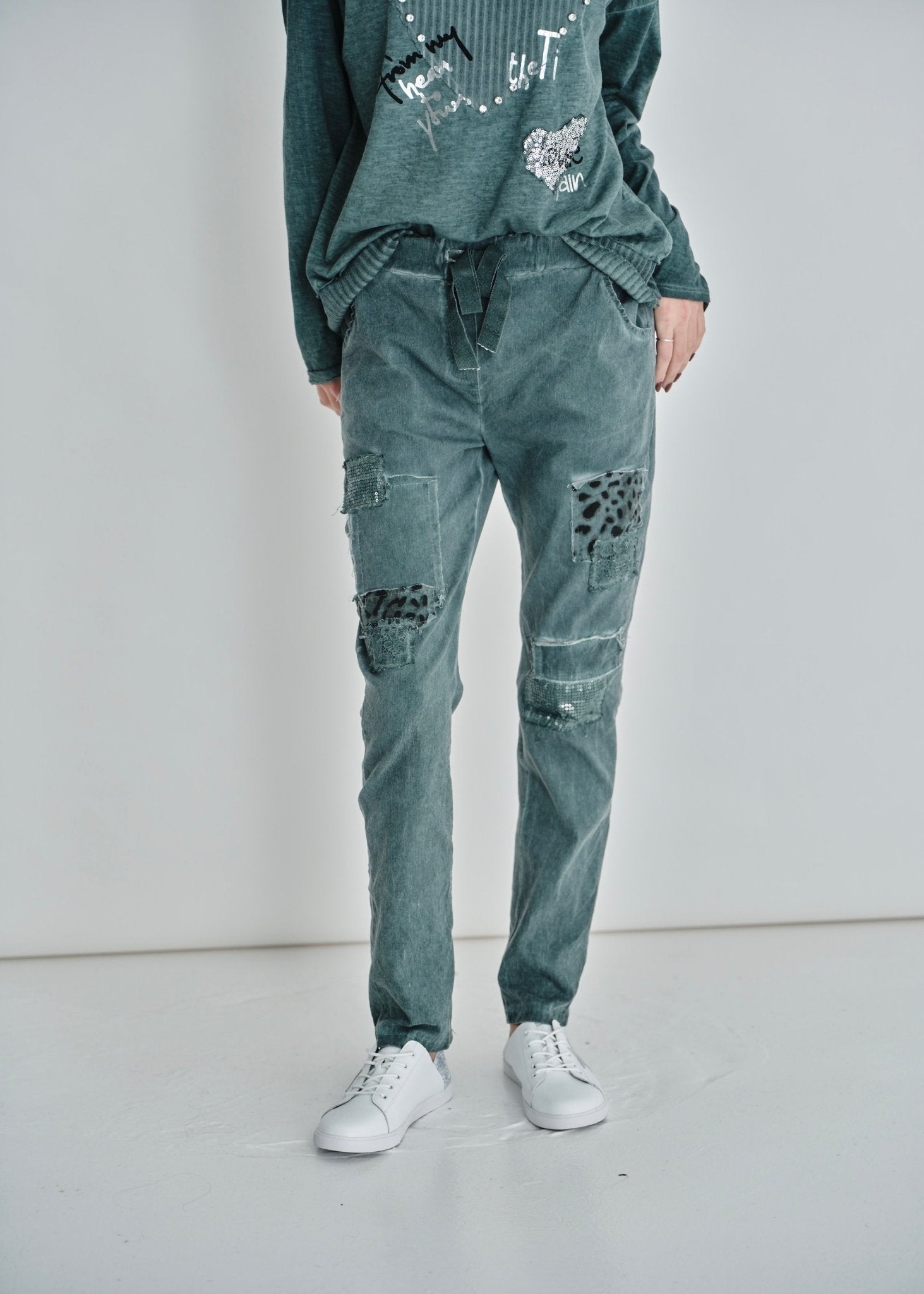 View our Leopard Sequin Joggers In Turquoise - by Tribute Store