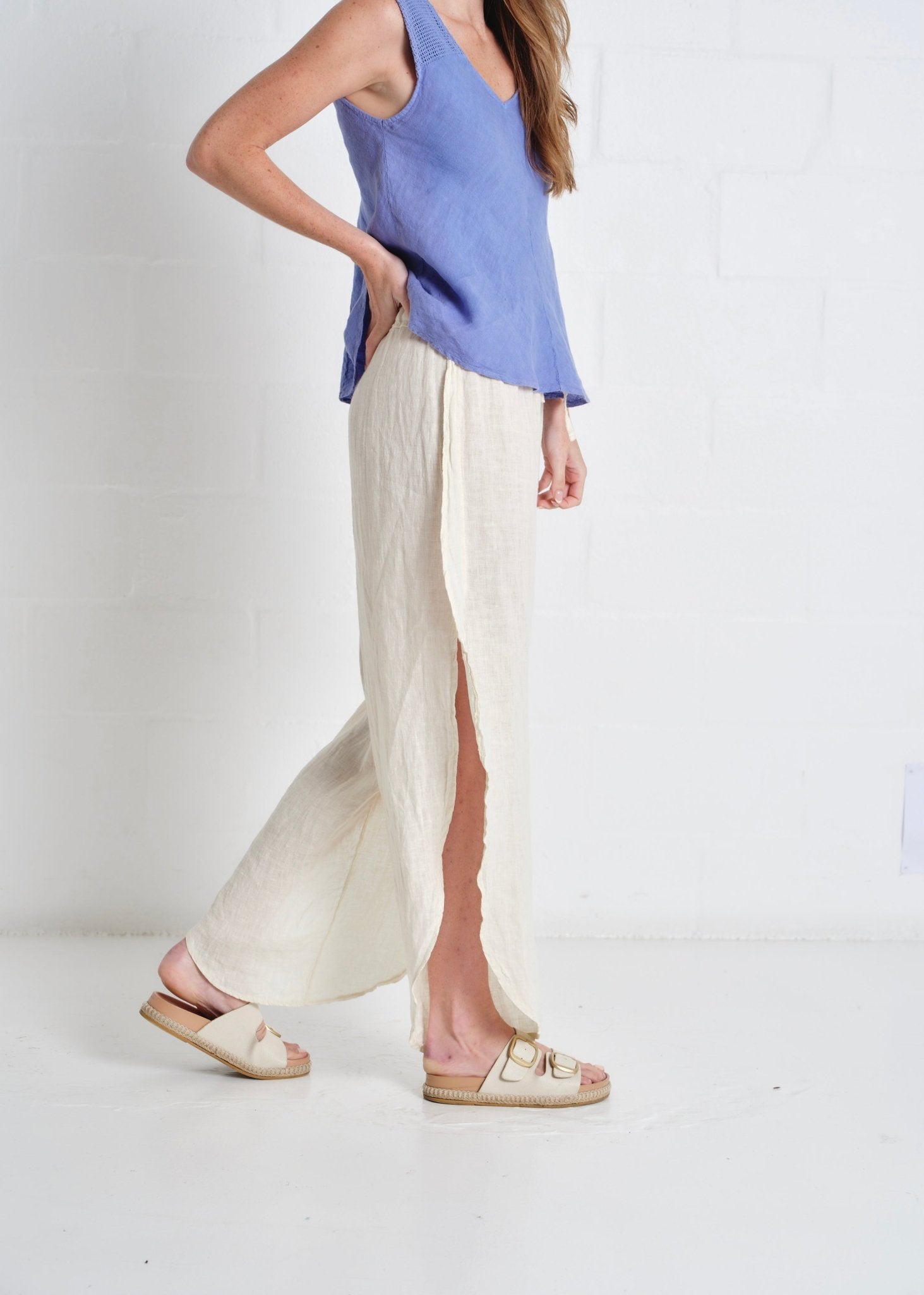View our Liguria Side Slit Linen Pants In Cream - by Tribute Store