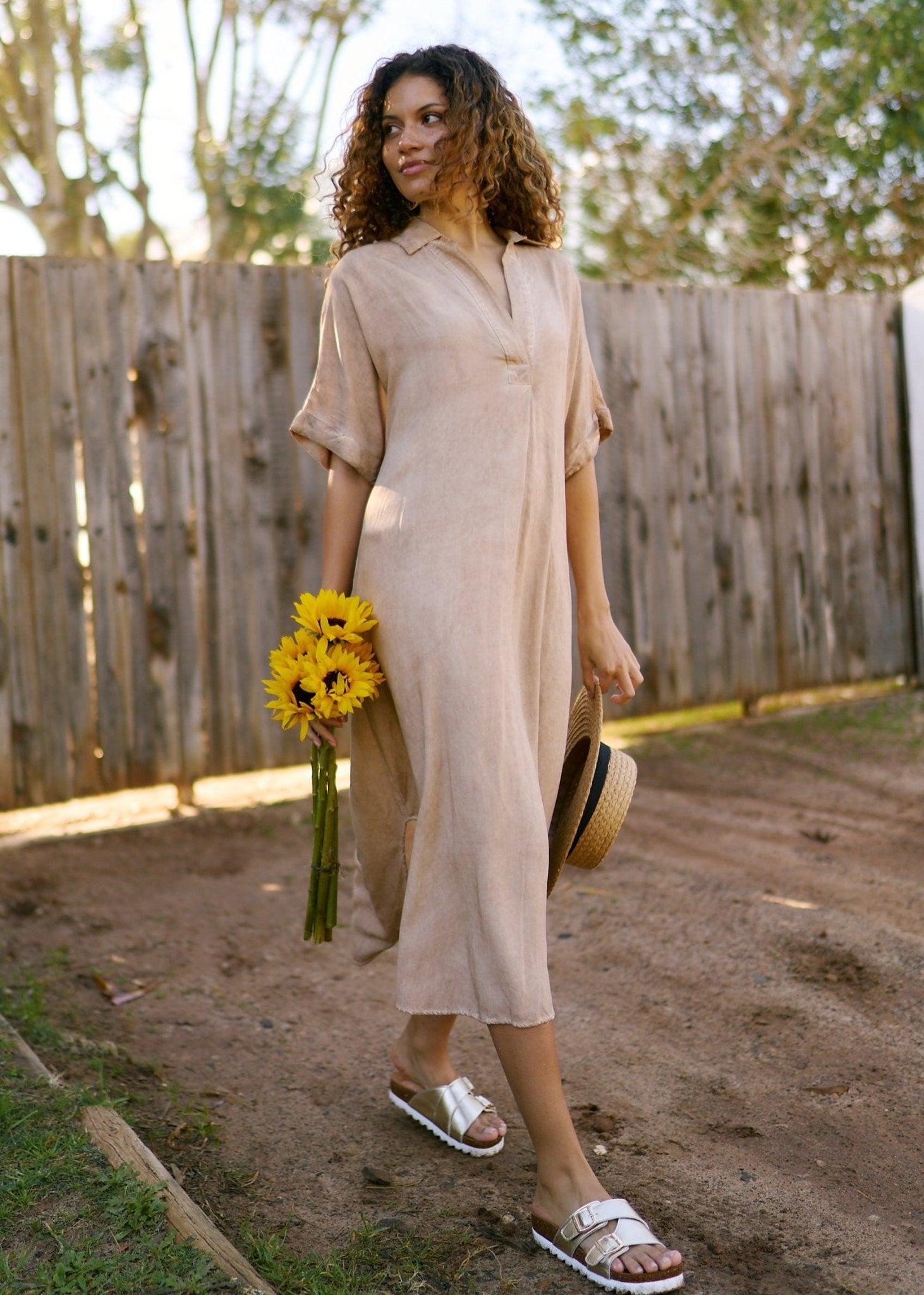 View our Linen Blend Bohemian Dress in Stonewashed Caramel - by Tribute Store