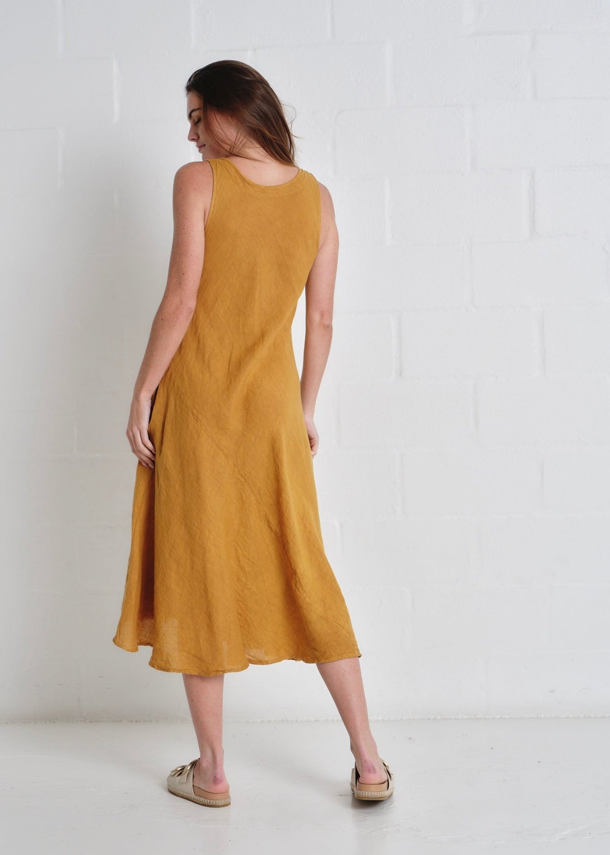 View our Livorno Italian Linen Sleeveless Maxi Dress In Mustard - by Tribute Store