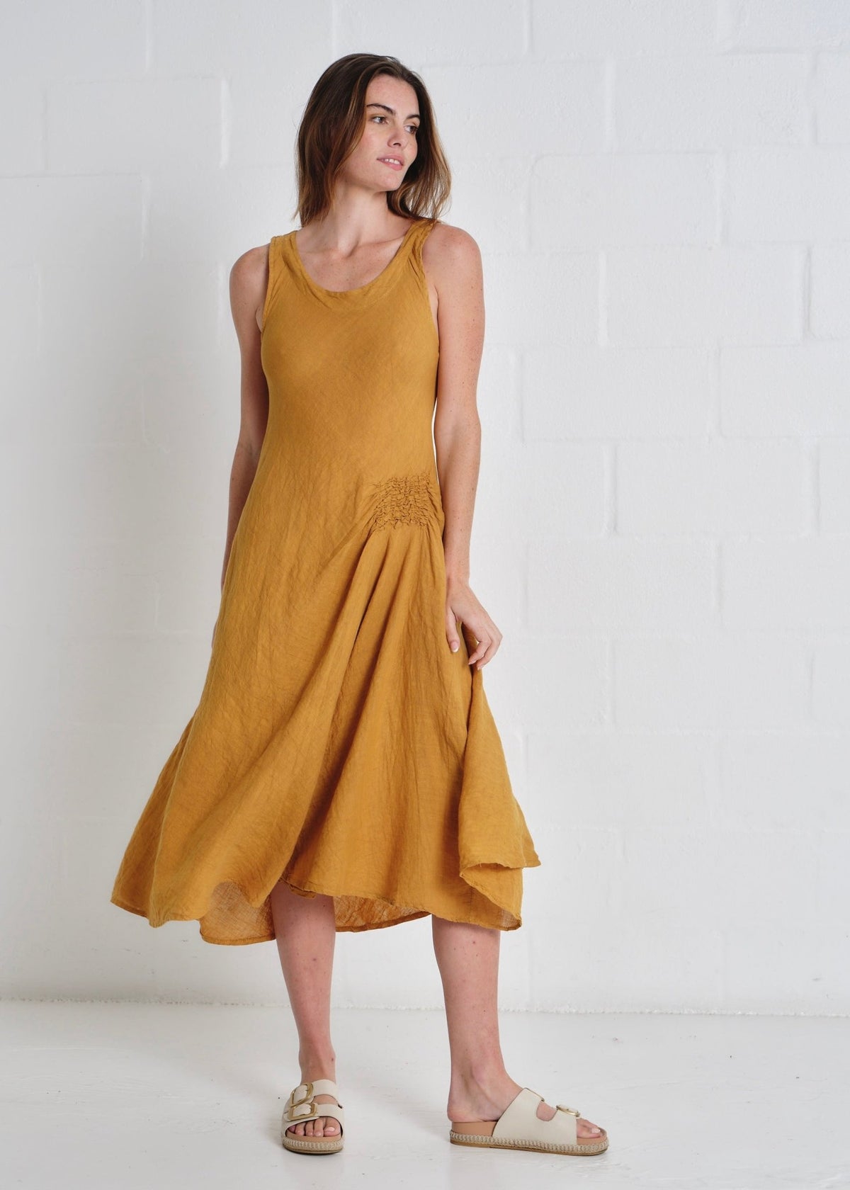 View our Livorno Italian Linen Sleeveless Maxi Dress In Mustard - by Tribute Store